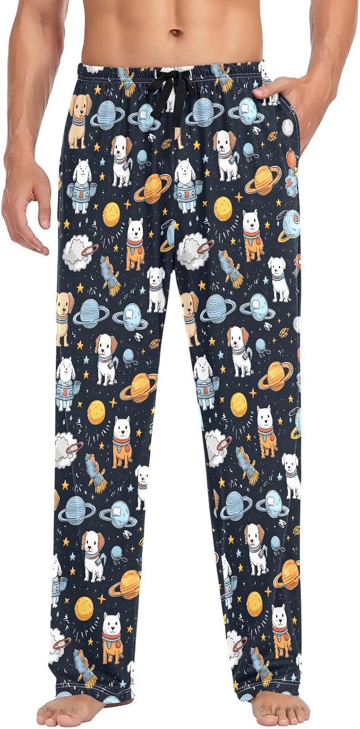 ALAZA Dog Puppy Astronaut Space Men's Pajama Pants Men Cotton Pajama Bottoms with Pockets, S