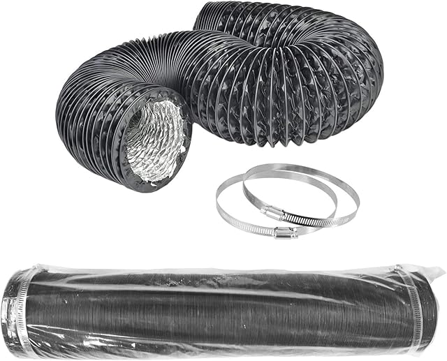 LOOTICH Rura elastyczna z aluminium i PCW, 102 mm średnicy, 8 m długości, wąż powietrza wylotowego, do łazienki, kuchni, hydroponiki, wentylacji HVAC, 2 obejmy do węża ze stali nierdzewnej, czarny