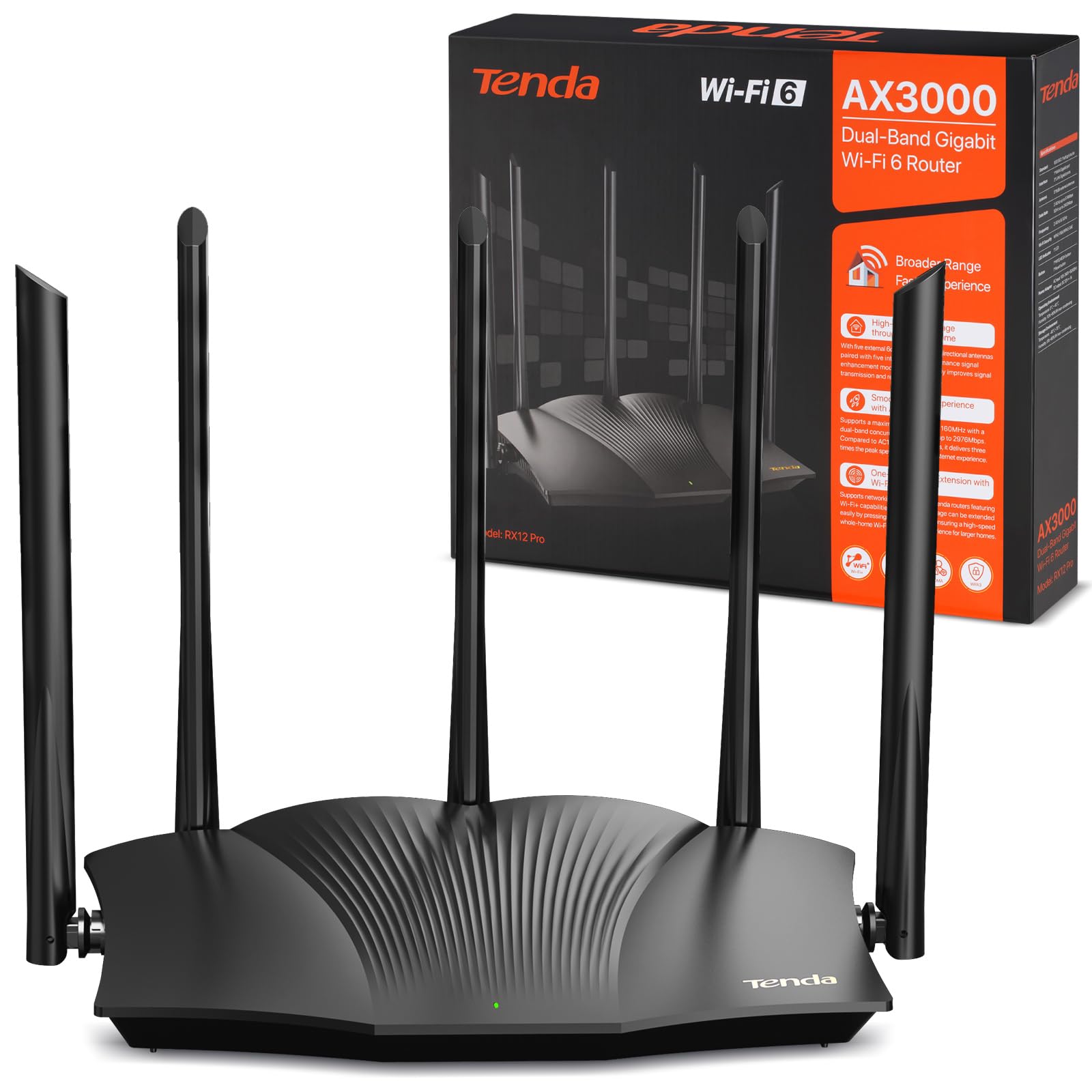 Tenda RX12 Pro Router WiFi 6 AX3000 de Banda Dual (2.4GHz + 5GHz, Requiere conexión a Internet por Cable), 4 Puertos Gigabit, Ancho de Banda 160MHz, WiFi+ Mesh, OFDMA/VPN/WPA3/IPv6/TWT