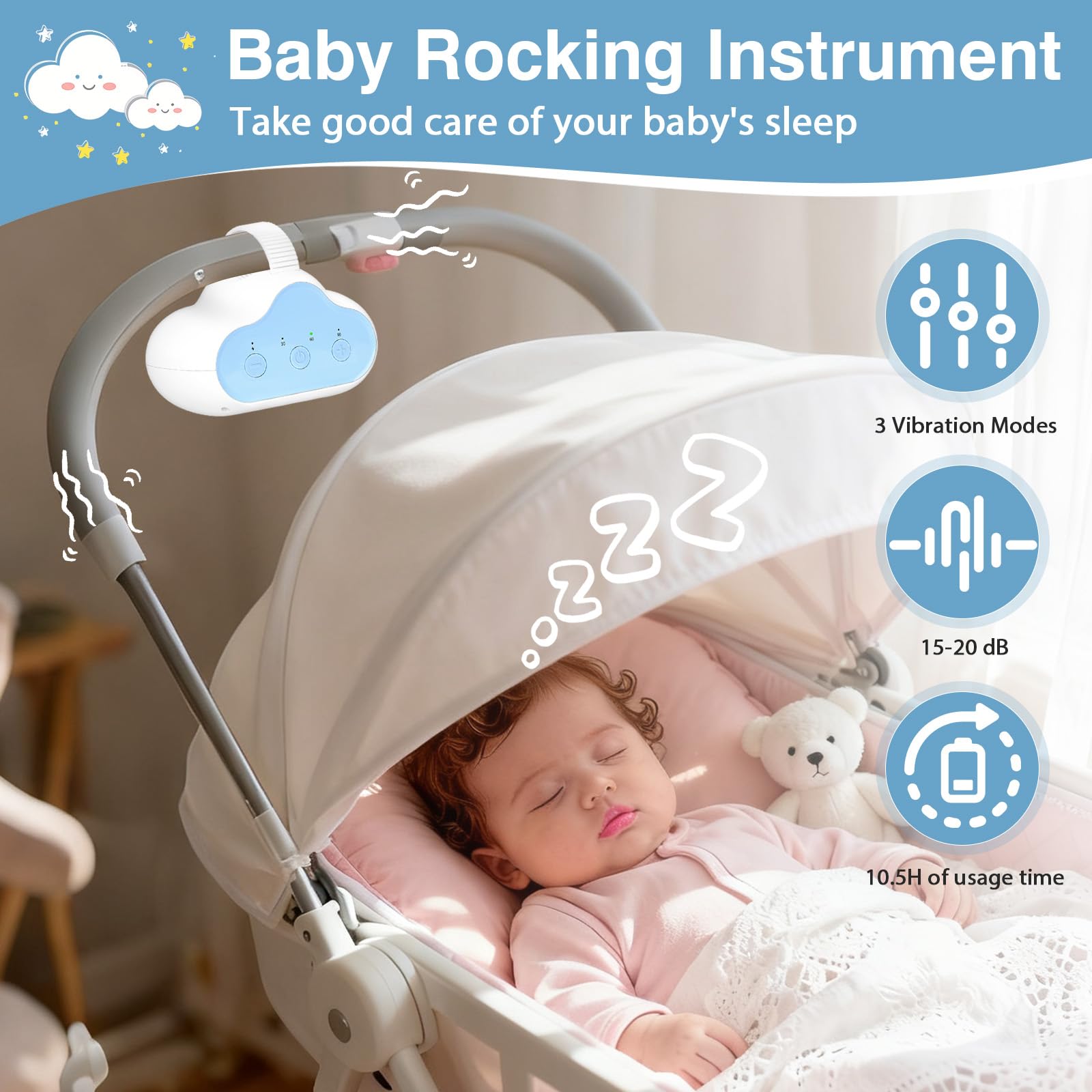 Columpio para Cochecito de Bebé Automático, Baby Rocker Recargable, 3 Niveles De Intensidad, Temporizador De 30/60/90 Minutos, Equipado con 2 Ganchos, Universal para Cochecitos y Sillas