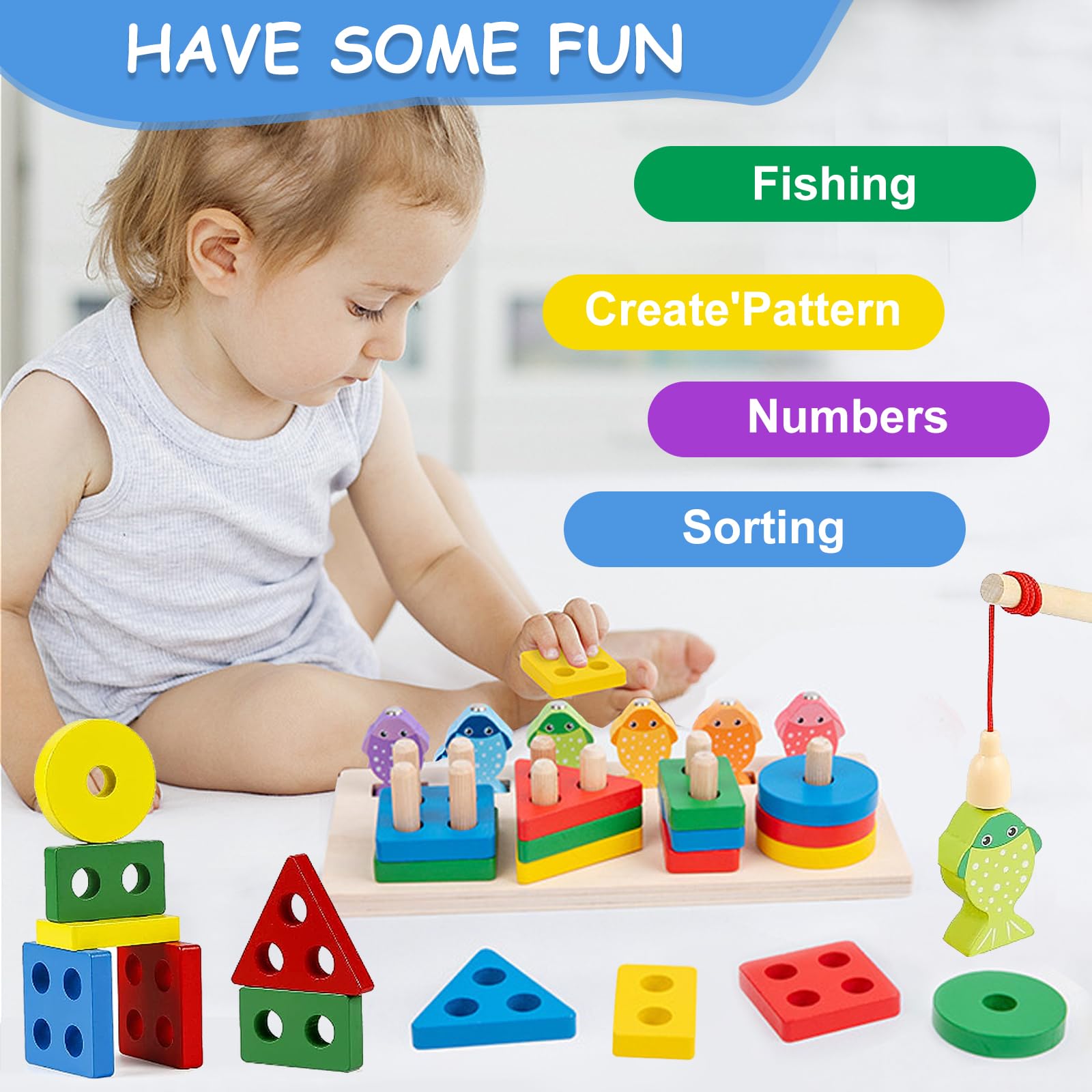 Giocattoli per Bambini Montessori,Giocattoli di Ordinamento e Impilamento in Legno,Forme Geometriche Ordinamento e Impilamento Block Board,Sensoriale Giocattoli,per Bambine e Bambini
