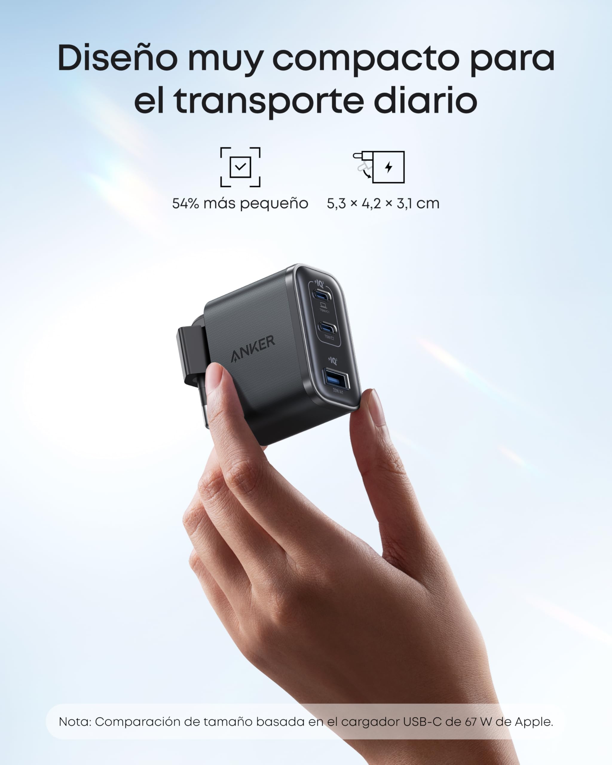 Anker Nano Cargador USB C de 70 W, Adaptador de Pared de 3 Puertos con Salida, Compacto y Elegante, para iPhone 17/17 Pro MAX 16/15/14 iPhone Air, MacBook Air, iPad, Pixel, Galaxy y Más