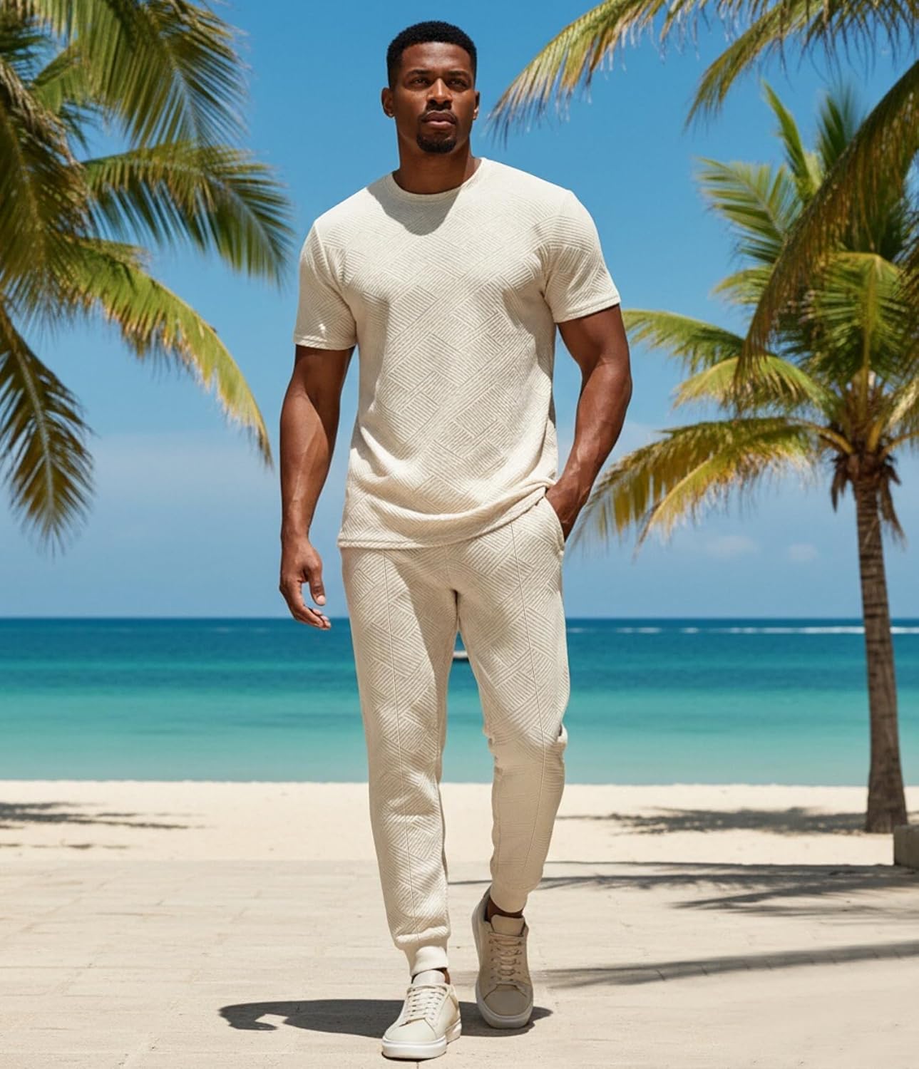 UOUA Mens 2 Piece Sweatsuit Set Short Sleeve Sweatshirt Jogging Sweatpants Tracksuits Outfits - Image 4