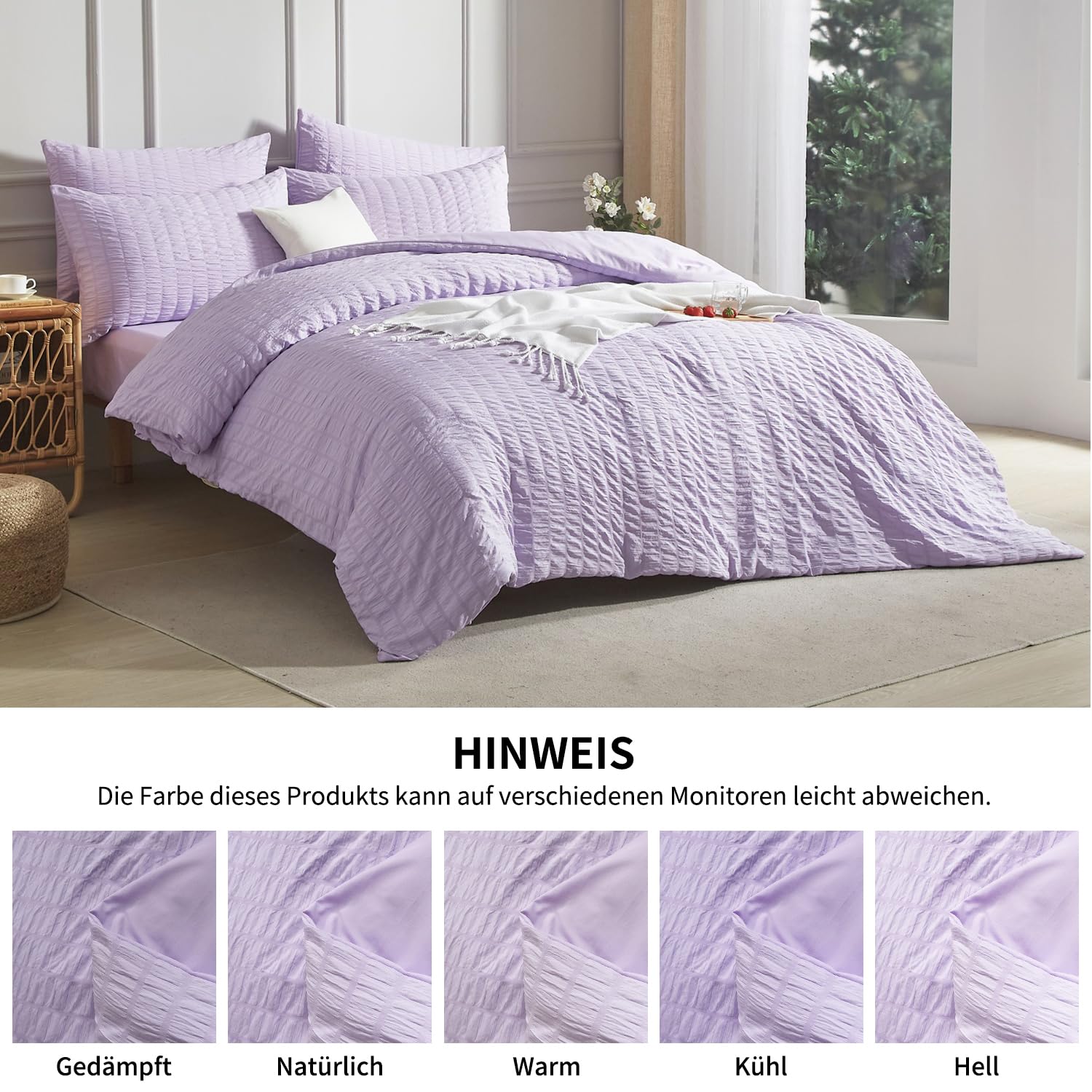 Luowei Seersucker Bettwäsche 135x200cm 4teilig Sommer Streifen Strukturiert Bettbezüge mit 2 Kissenbezüge 80x80 cm Leicht Weich Atmungsaktiv Oeko-TEX Bettwäsche-Sets Lila mit Reißverschluss