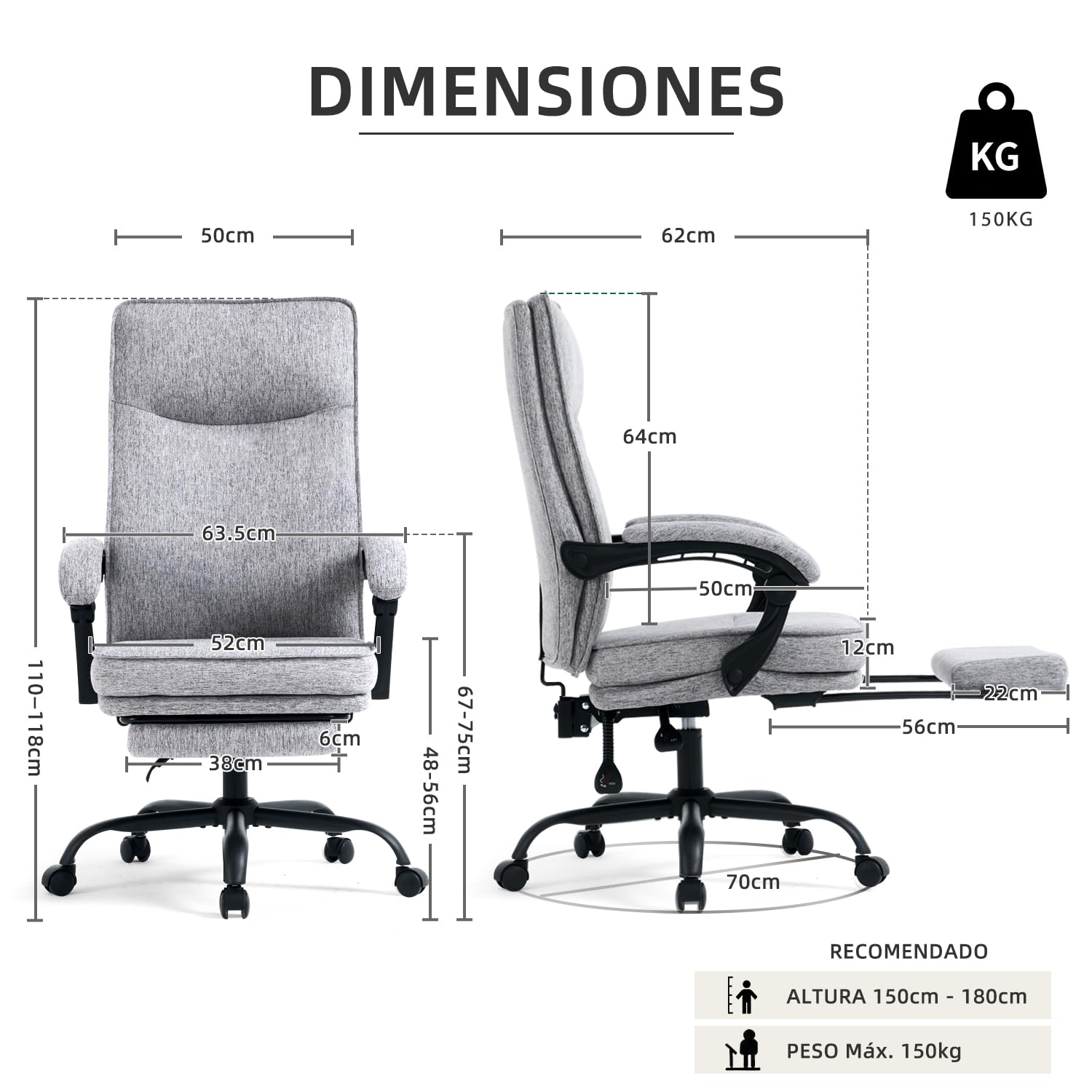 MZLEE Silla Escritorio con Reposapiés, Silla Oficina Reclinable, Gris