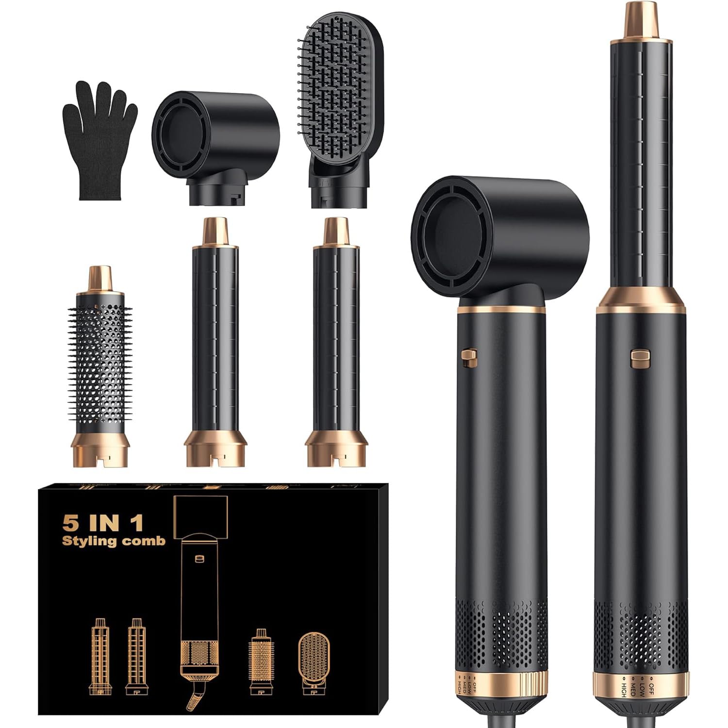 MogaWave Haarstyler Pro Air Styler 5 in 1 Hair Styler, 1000W Rundbürstenföhn, Warmluftbürste, Föhnbürste, Haartrockner, Air Curler, Glättbürste, Haarstyling Geräte für Alle Haartypen