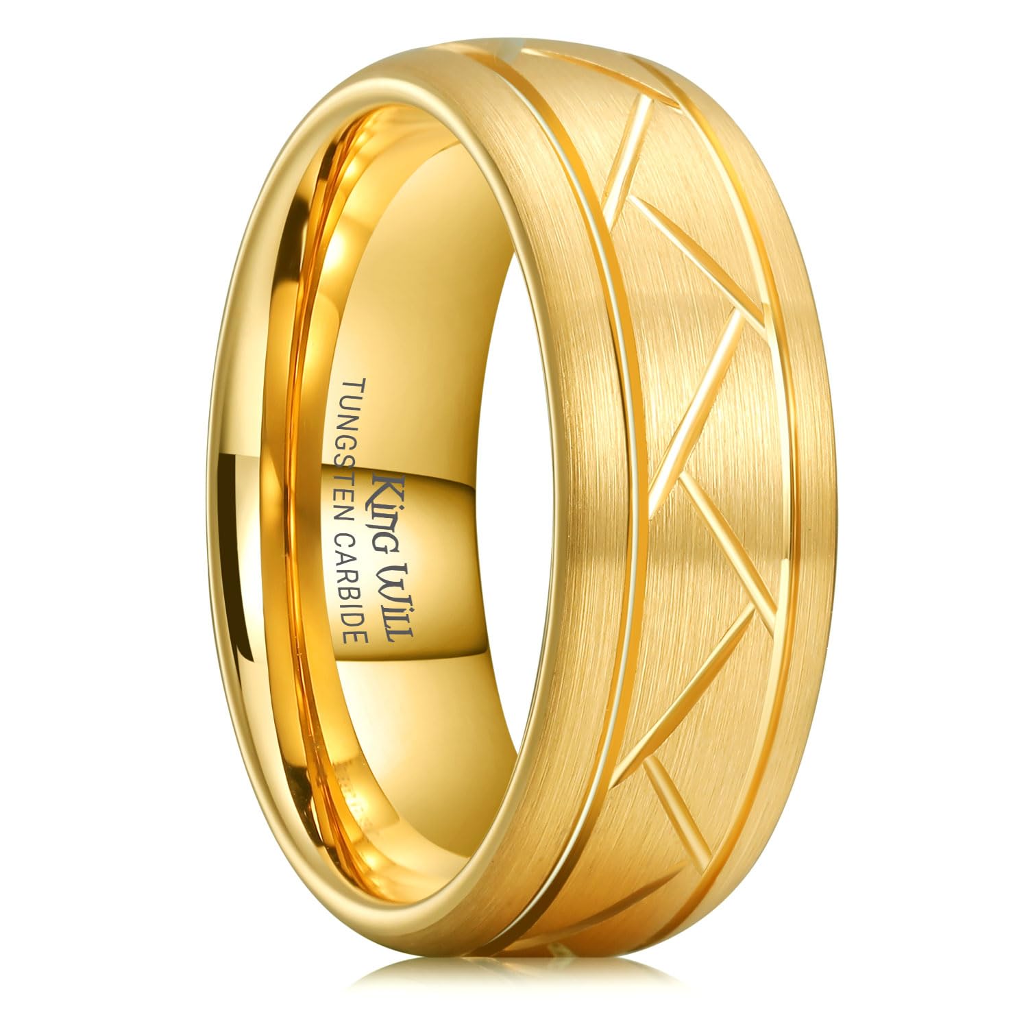 King Will Classic 8mm Tungsten Carbide Ring Black/Silver/Gold Brushed Two Grooved Center Hammered Design Mens Wedding Band for Men