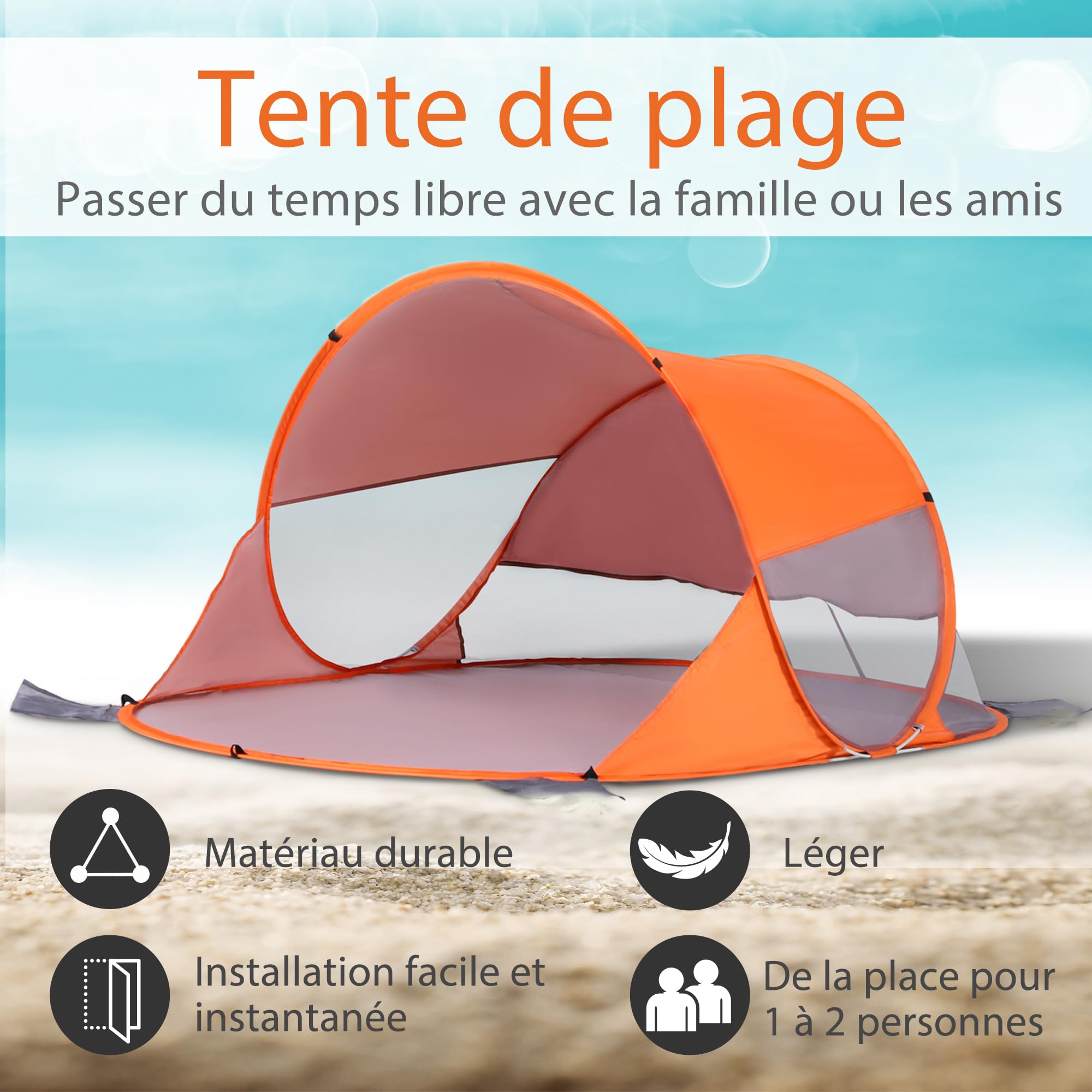Outsunny Abri de Plage Tente de Plage Pliable Pop-up Automatique instantané Protection UV fenêtre arrière Grand Tapis de Sol Orange