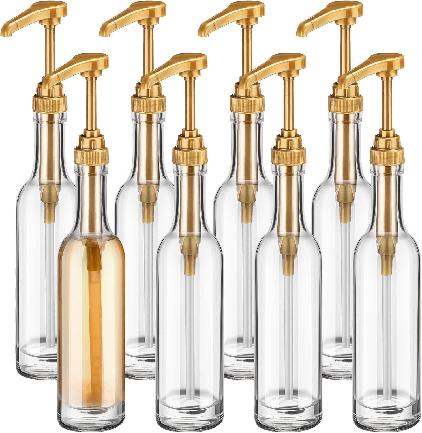 Baderke 8 Pack Glass Coffee Syrup Dispenser Bottles for Bar, 375ml Coffee Pump Dispenser, Glass Syrup Bottle with Pumps, Bar Accessories Clear Bottles(Gold)
