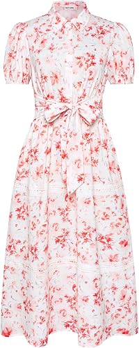 GRACE KARIN Women's 2026 Summer Floral Maxi Dresses | 2 Pocket, Flowy, Bohemian, A Line, Tie Belt, Short Puff Sleeve, Shirt Collar, Lightweight, Vacation, Easter, Wedding Shower