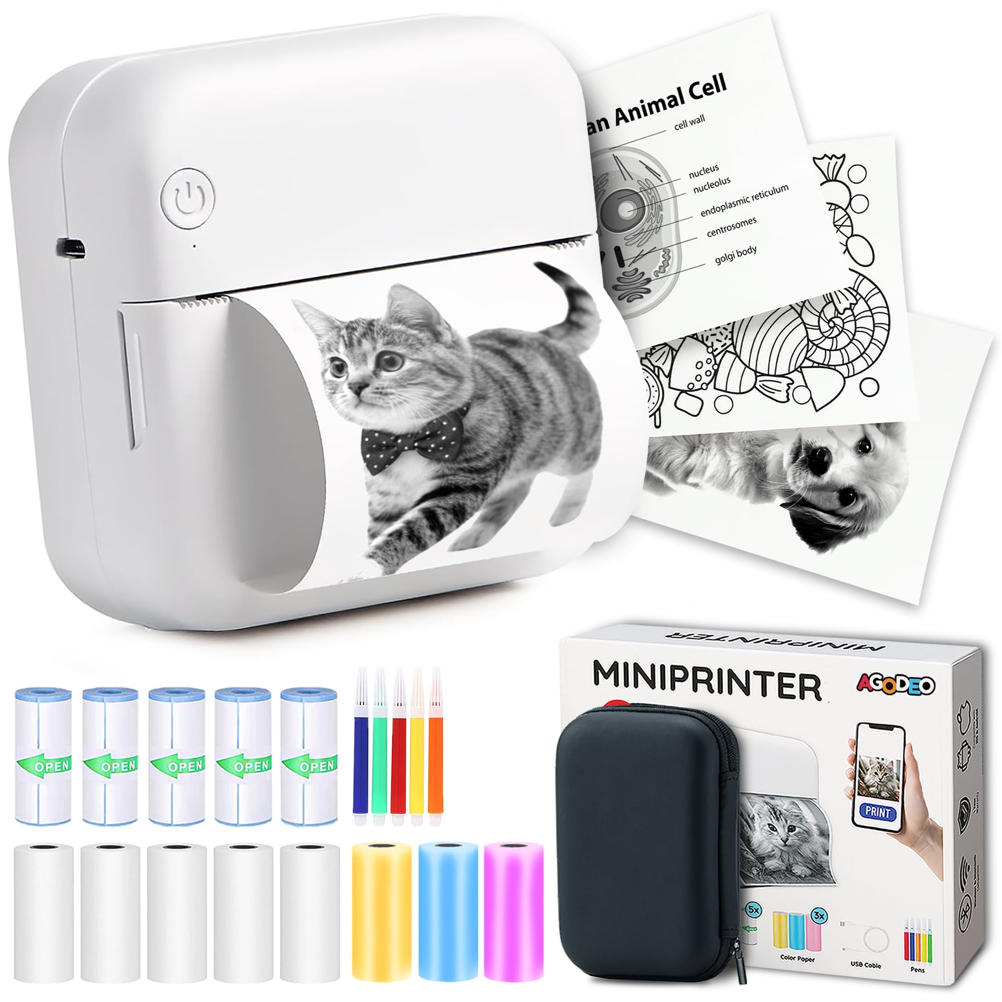 AgoDeo Mini Drucker Geschenkset - 300 DPI HD Qualität - Sofort PrintPod - Fotodrucker für Smartphone - Bluetooth Thermodrucker, Mini Printer, Foto drucker für Handy - Taschen Sticker Drucker (Weiß)