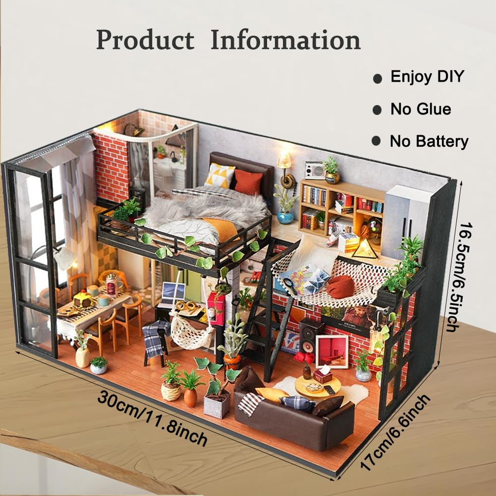 Kit fai da te in miniatura per casa delle bambole con copertura antipolvere, kit fai da te per casa delle bambole in legno per stanza creativa, mini kit di costruzione per adulti