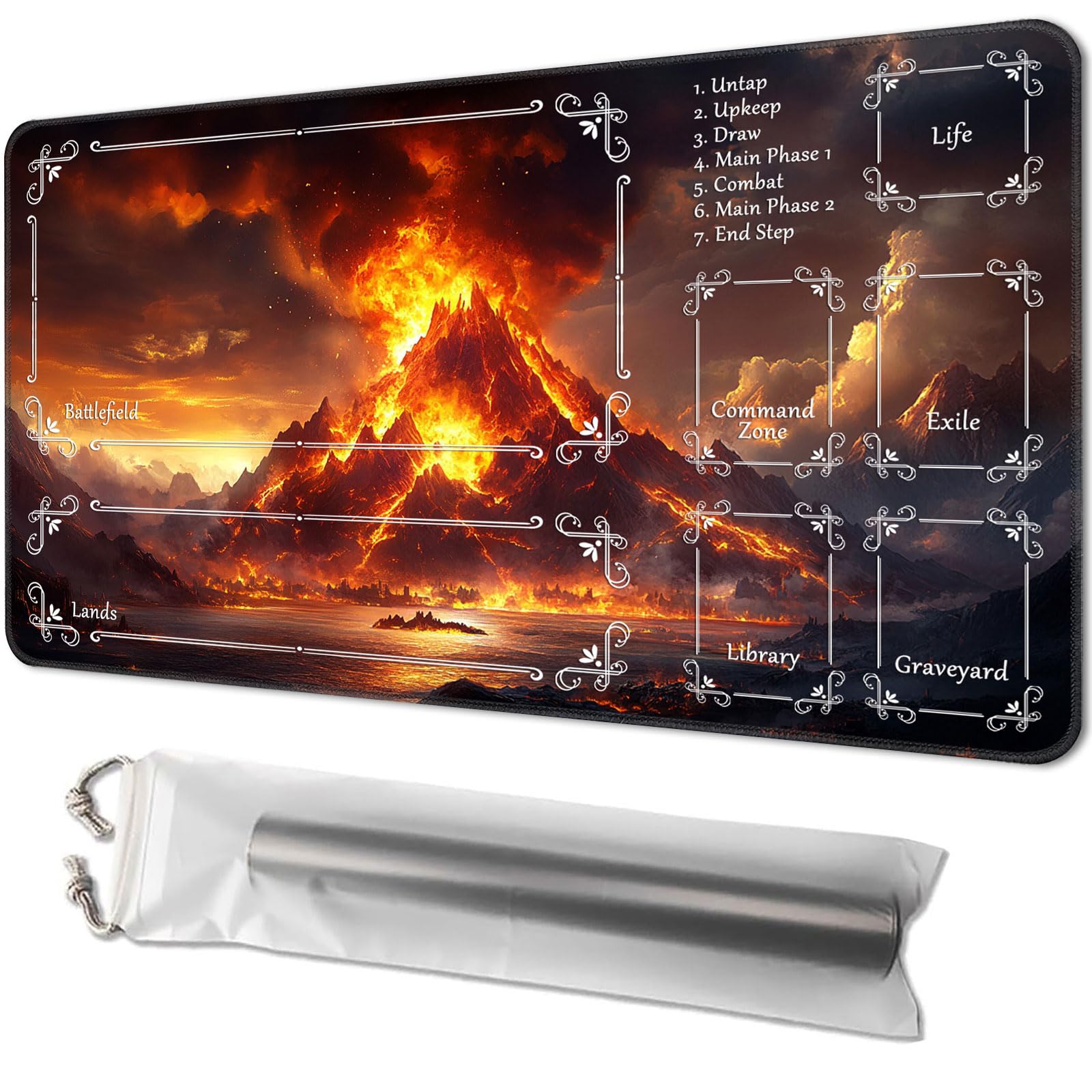 for MTG Playmat with Zones 24 x 14 Inches, Magic The Gathering Playmat with Storage Bag, Non-Slip Rubber Base TCG Playmat for MTG, Commander, Lorcana, Erupting Volcano Lava[2][3]