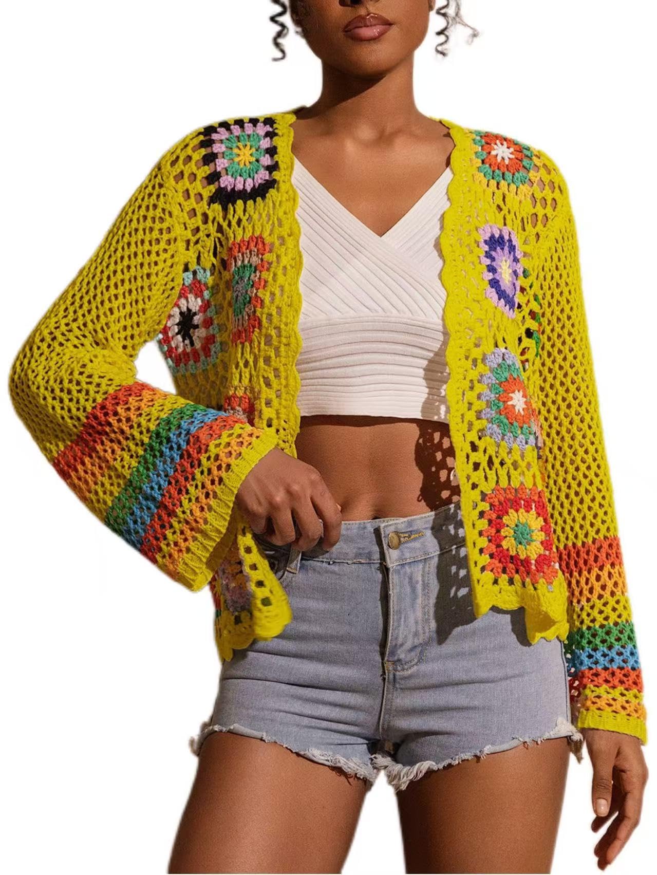 Crochet Cardigan with Floral Pattern Boho Rainbow Striped Sleeves Open Front Sweater