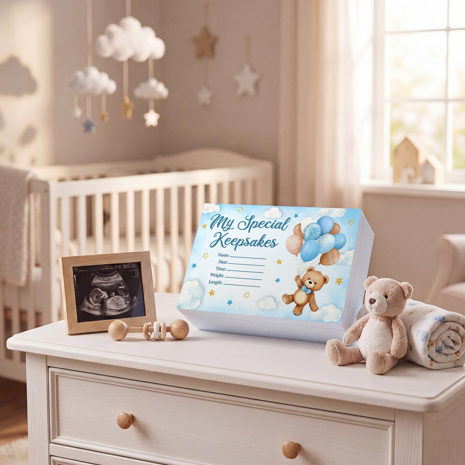 Thyle Blue Bear - Caja de madera para recuerdos de bebé, caja de recuerdos para niños o niñas, regalo de cumpleaños bautismal para padres recién nacidos, regalo de cumpleaños para recuerdos