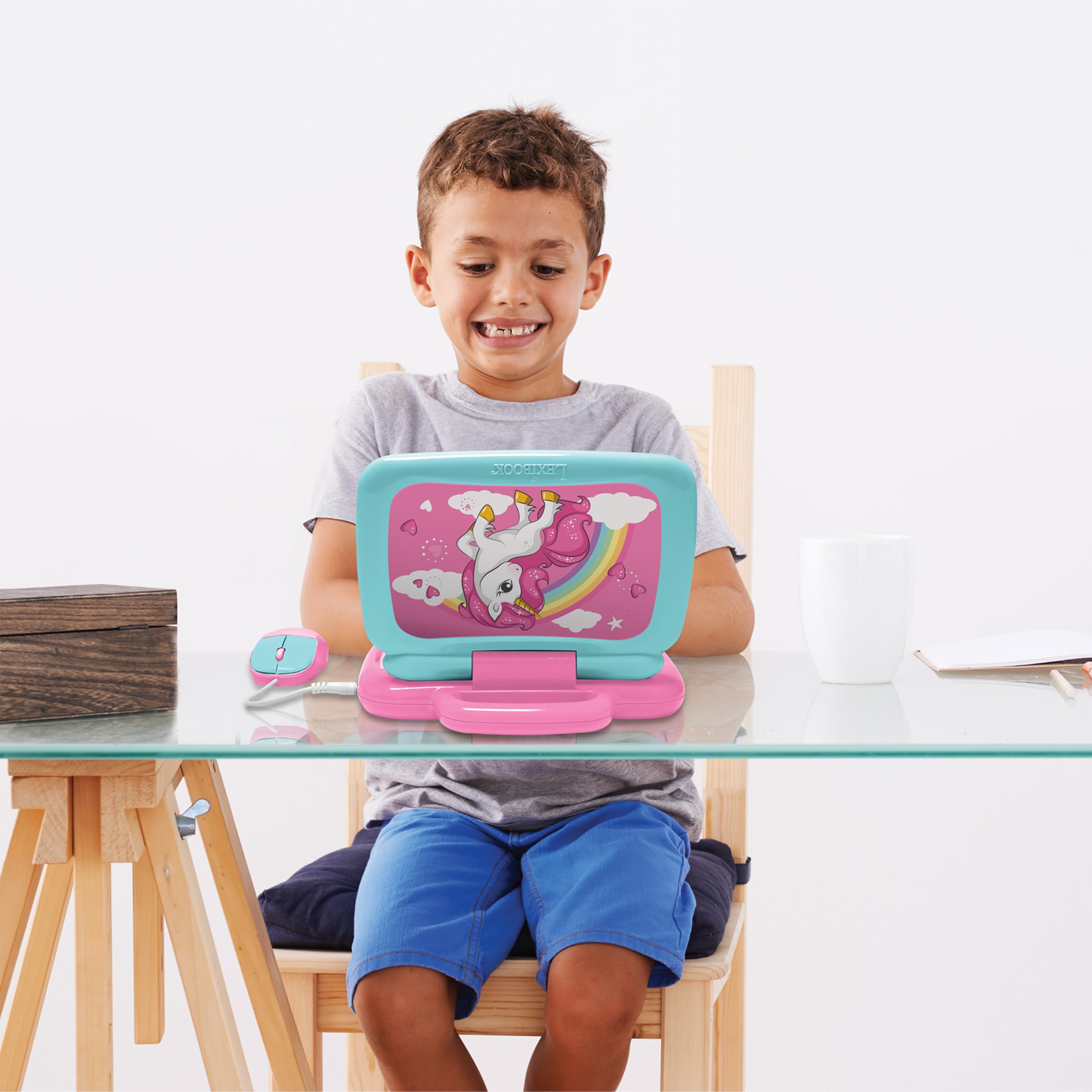 Lexibook, Unicorno, Computer Portatile educativo bilingue Francese/Inglese con 40 attività di Cui Un Nuovo Modo per Imparare a Leggere e contare, JC398UNIi1