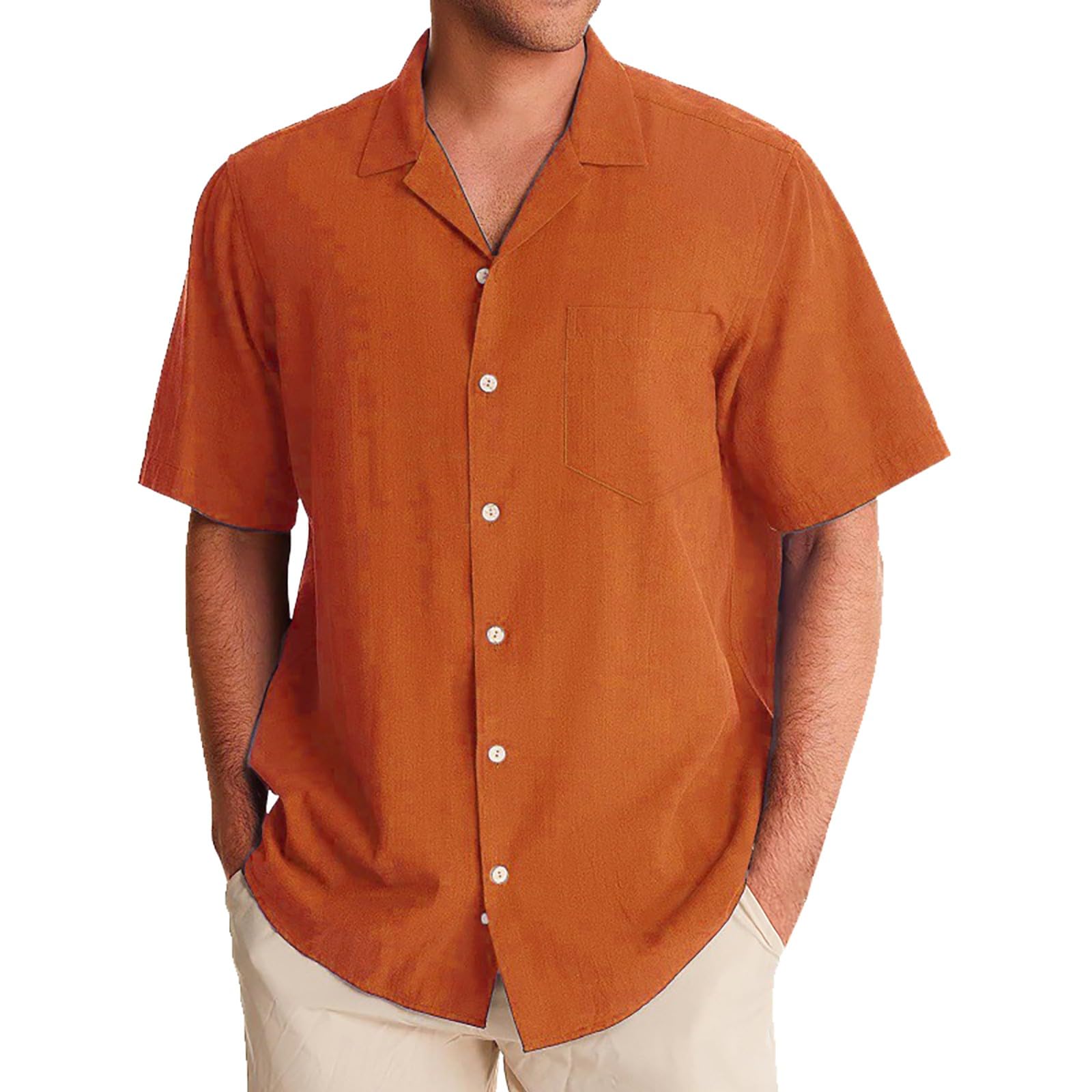 Cromoncent Camicia Estiva Uomo Maniche Corte Quadri Buffalo Arancione 4XL - Leggera Cotone E Lino