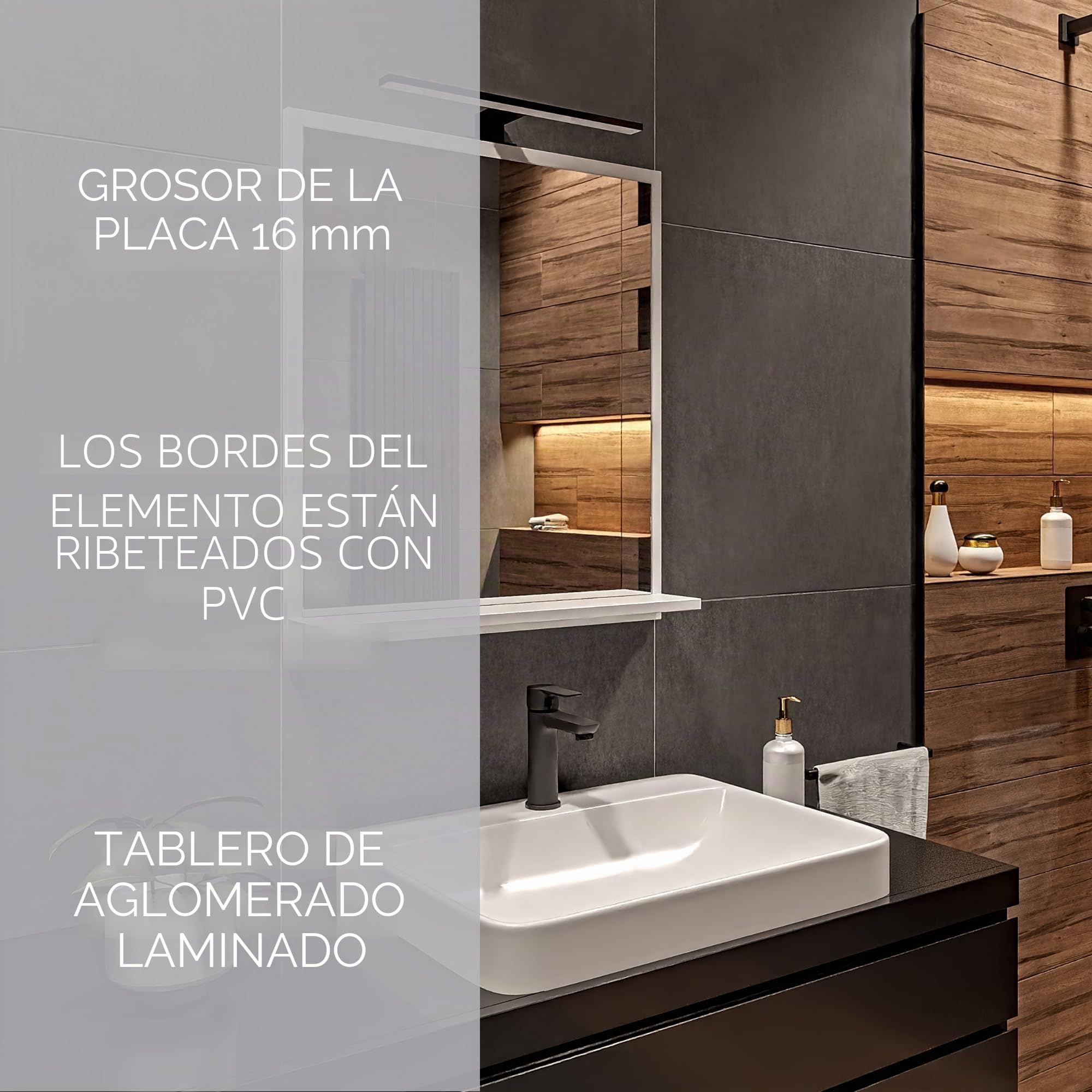 Espejo de Baño con Luz LED 60x70 cm Blanco Espejo de Pared con Estante Luz Neutra 4000K Carcasa Negra