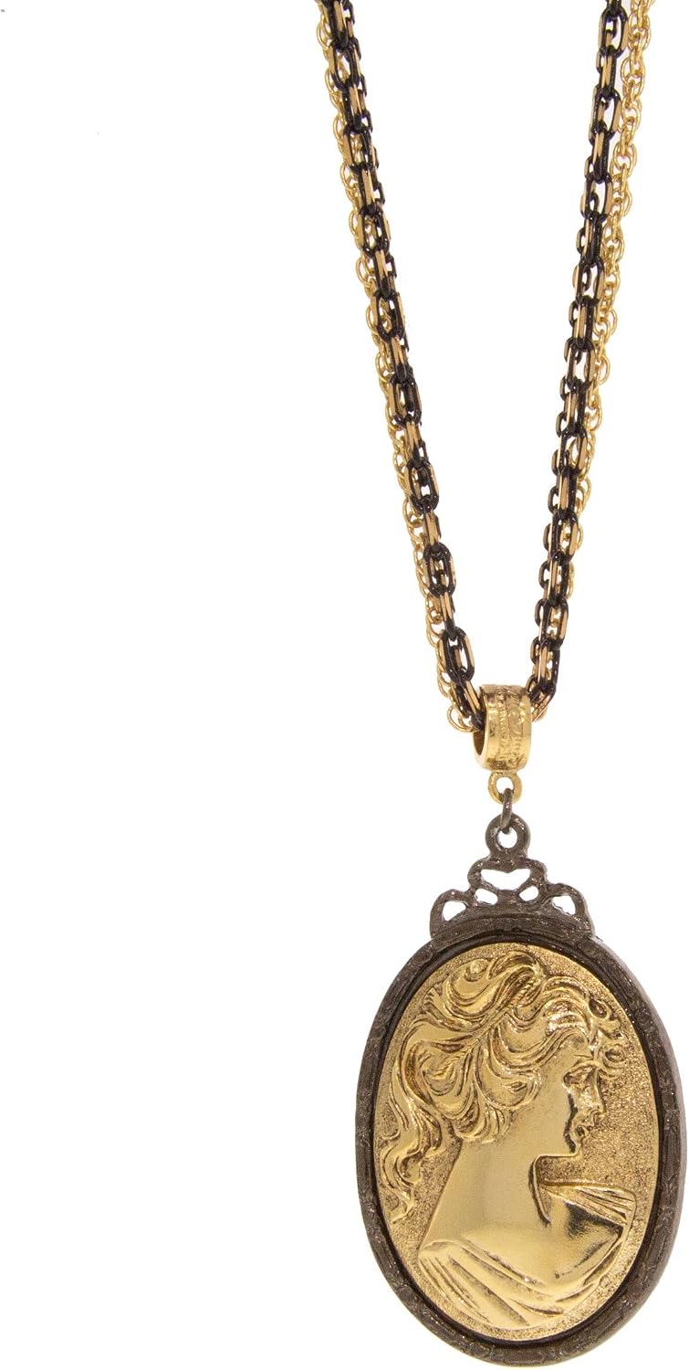 1928 Jewelry Women's Black And Gold Multi Chain Oval Cameo Pendant Necklace 16" + 3" Extender