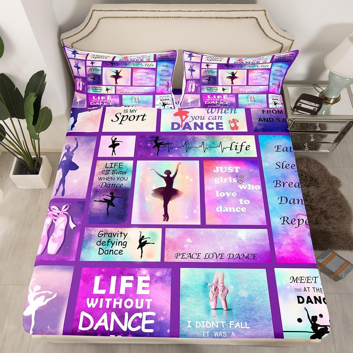 Gymnastic Dance Lovers Fitted Sheet Twin Size,Ballet Spin Feminine Bedding Set for Kids Girls Women Home Room Decor,Check Splicing Fashion Bed Cover,Purple Dreamy Bed Sheet,1 Pillowcase
