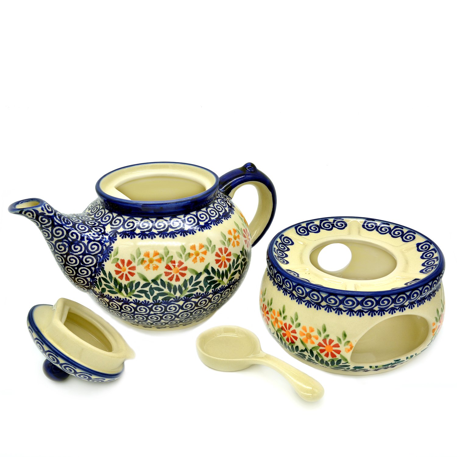 Bunzlauer ceramiczny dzbanek do herbaty z podgrzewaczem (dekoracja Adelheid)