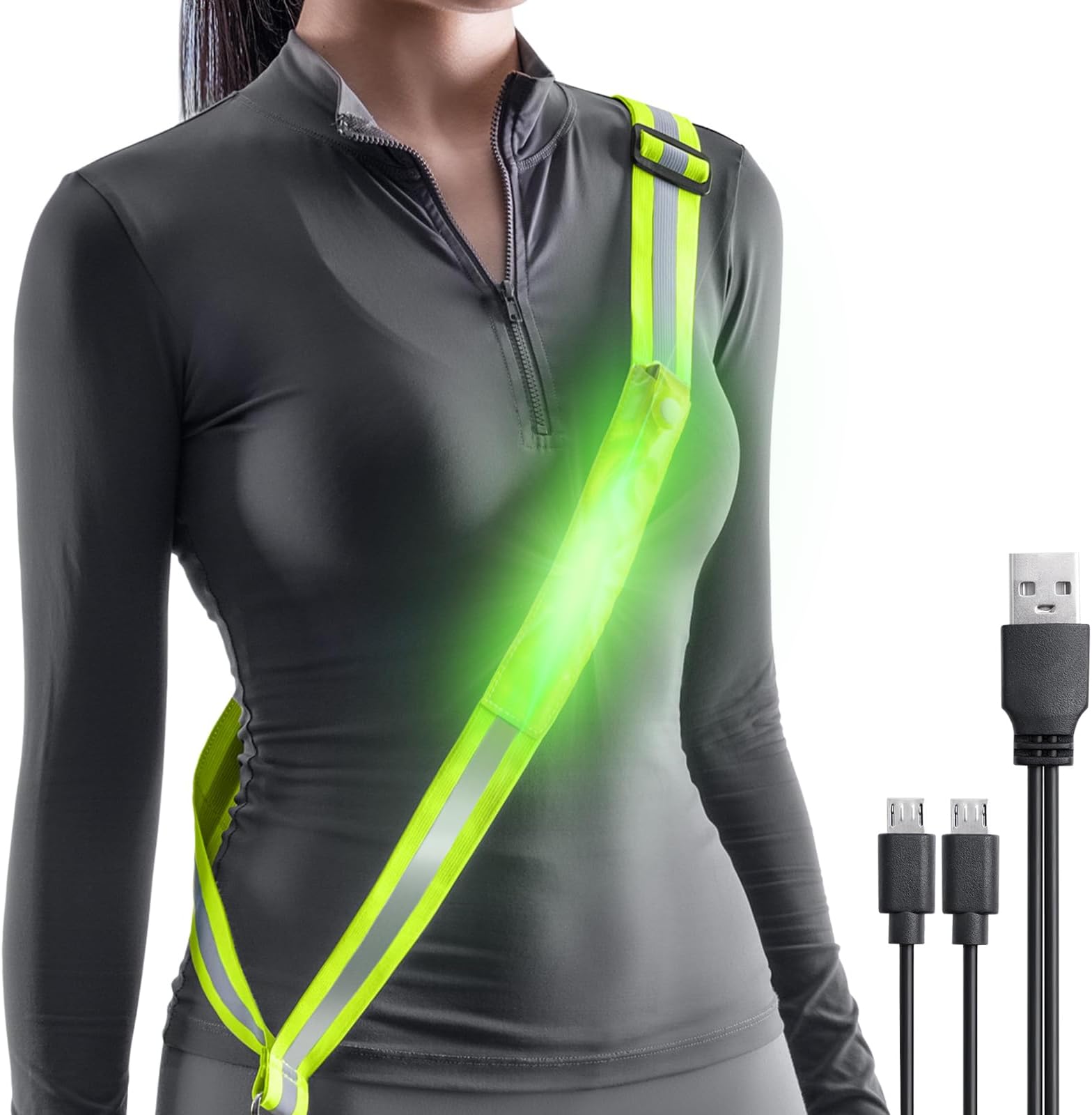 LED Belt Reflective Sash for Walking at Night, High Visibility Adjustable Night Running Safety Gear Rechargeable LED Light Up Running Belt Reflective Gear for Runners Walkers Men Women
