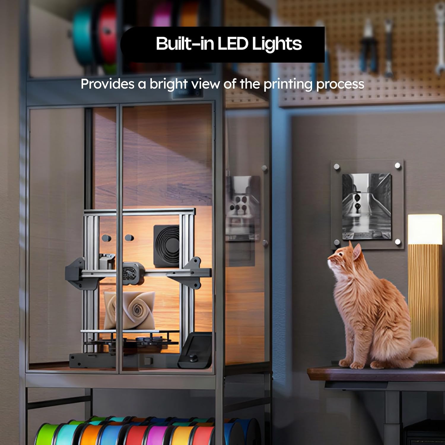 3D Printer Cabinet with 48 Spools Filament Storage Rack, 3D Printer Enclosure with Ventilation, Thermo-Hygrometer and LED Light, Heat-Resistant, Dustproof and Noise-Reduction Design, Upgraded