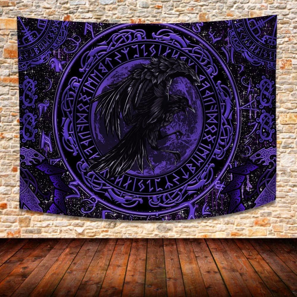 874 Tapestry576 Tapestry For Bedroom Psychedelic Crow Ancient Scandinavian Pattern Viking Norse Rune Portable Tapestry Colorful Wall Hanging For Gift Living Room Decoration,130X150cm