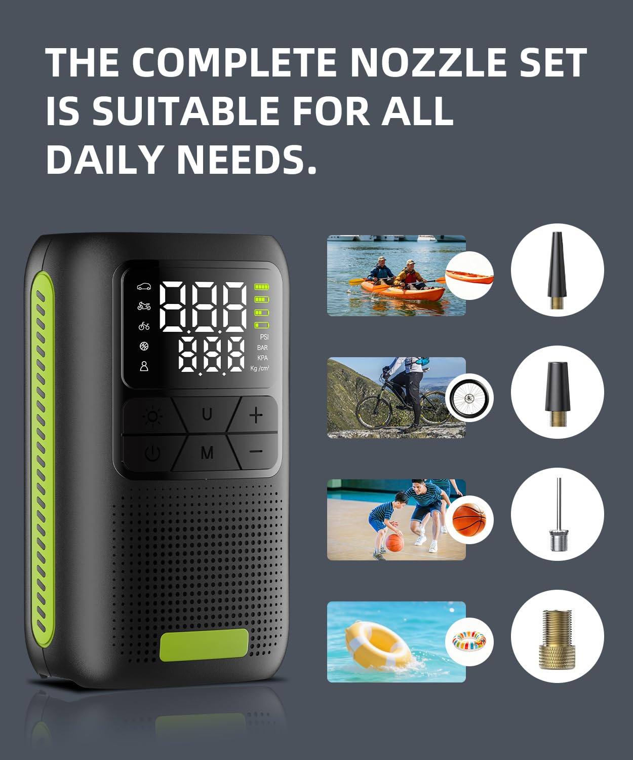 Compresseur d'air Portable sans Fil 150 PSI, gonflage Rapide avec Cylindre 19 mm. | USB-C, arrêt automatique, éclairage LED. Compatible pneus voiture, moto, vélo et ballons de sport.