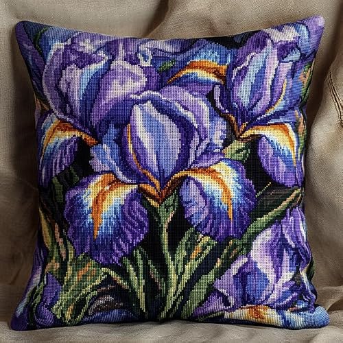 WallustrioaW iris Cross Stitch Kits,Cushion Kits Stamped Canvas,Purple Flowers DIY Embroidery Pillow Case,18x18in Cushion Covers for Living Room Sofa Throw Pillow Case