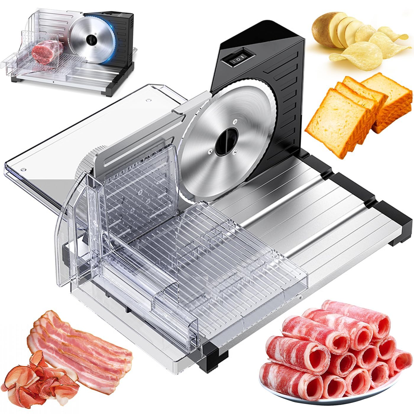 Affettatrice pieghevole per carne con spessore regolabile da 0 a 18 mm