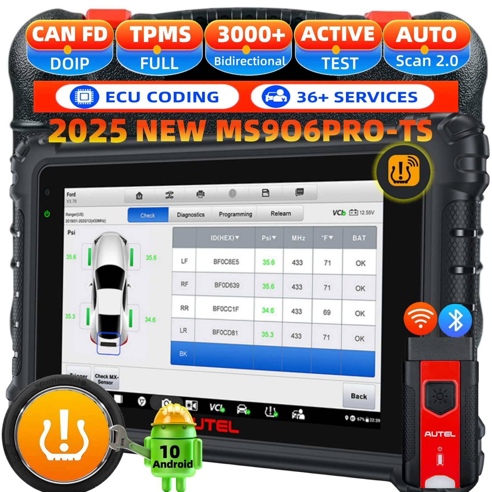 Autel Scanner MaxiSYS MS906 PRO-TS, 2025 MS906Pro-TS Up of MS906 Pro MS906MAX MP900TS, Full TPMS & ECU Coding, 36+ Service, 3000+Active Test, Bidirectional Diagnostic Tool, CAN FD&DoIP, Auto Scan 2.0