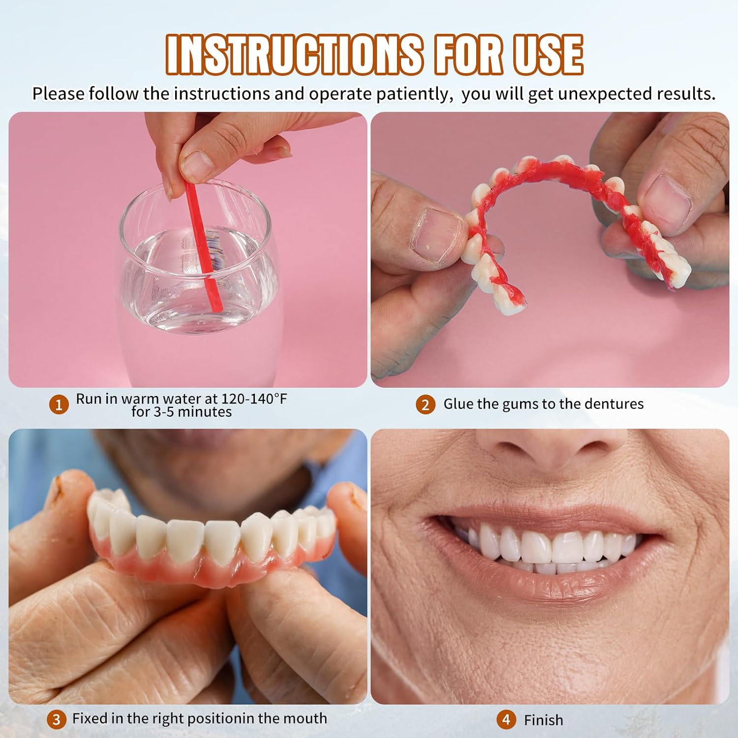 Asettlekit DIY Denture kit Convenient and Easy DIY dentures kit at Home Complete Make Your own dentures Kits for top and Bottom of Temporary Repair Missing Teeth red