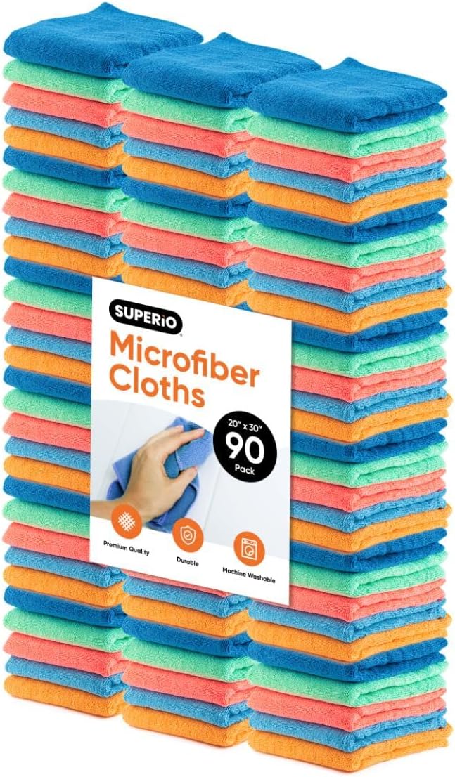 Superio Microfiber Squeegee Mopping Towel Extra Large Miracle Cloth Streak Free Floor Cloth 20x30 House, Kitchen, Bathroom, Car Multi Colored, 90 Pack