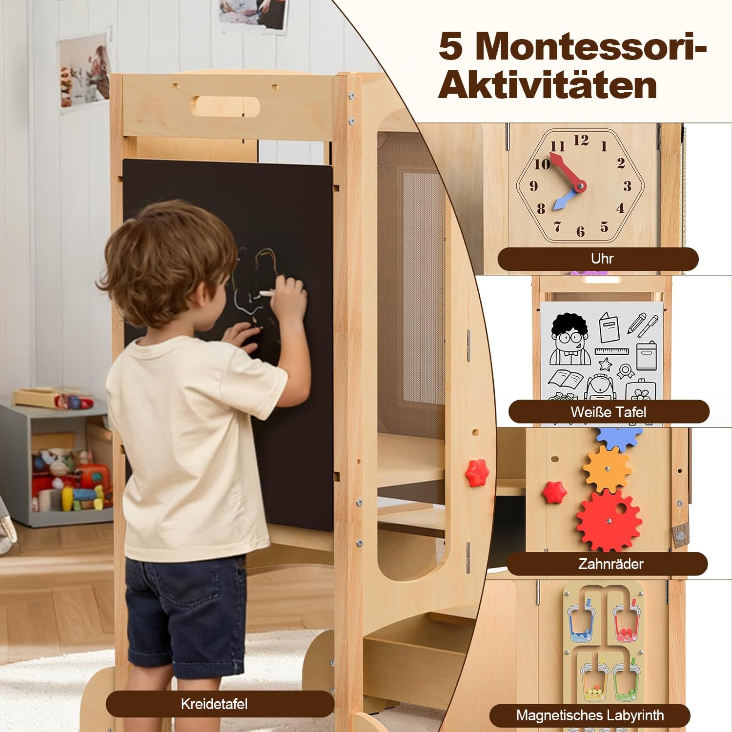 Montessoriana Torre di Apprendimento Pieghevole, Torre di Apprendimento per Bambini, Preassemblato/Salvaspazio, Altezza Regolabile Poggiapiedi Legno, Lavagna, Rete di Sicurezza, Protezione