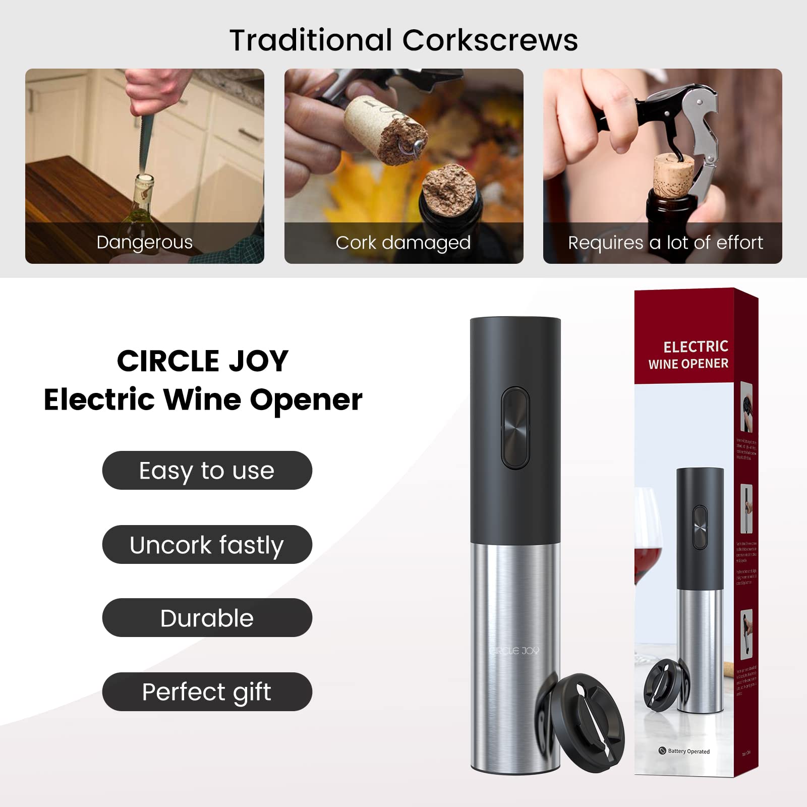 CIRCLE JOY Cavatappi Elettrico Apribottiglie Automatico, Estrattore Di Vino Motorizzato A Batteria Con Tagliacapsule Bloccabile, Batterie Non Incluse