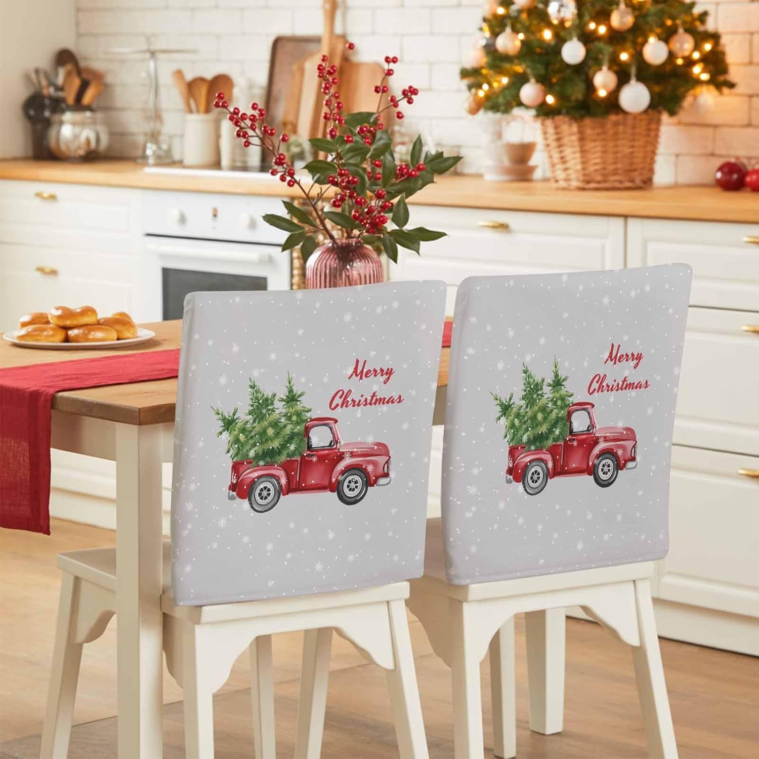 Chair Back Covers for Dining Room Christmas Red Truck with Pine Tree Chair Slipcovers Pack of 4,Removable Washable Chair Cover Protector for Banquet Events Party Decor Winter Snowflake on Gray