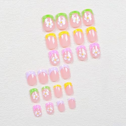 Miniatura 27 de MISUD Uñas postizas cuadradas cortas a presión, con pegamento brillante, uñas postizas de verano, uñas acrílicas coloridas con punta francesa, uñas