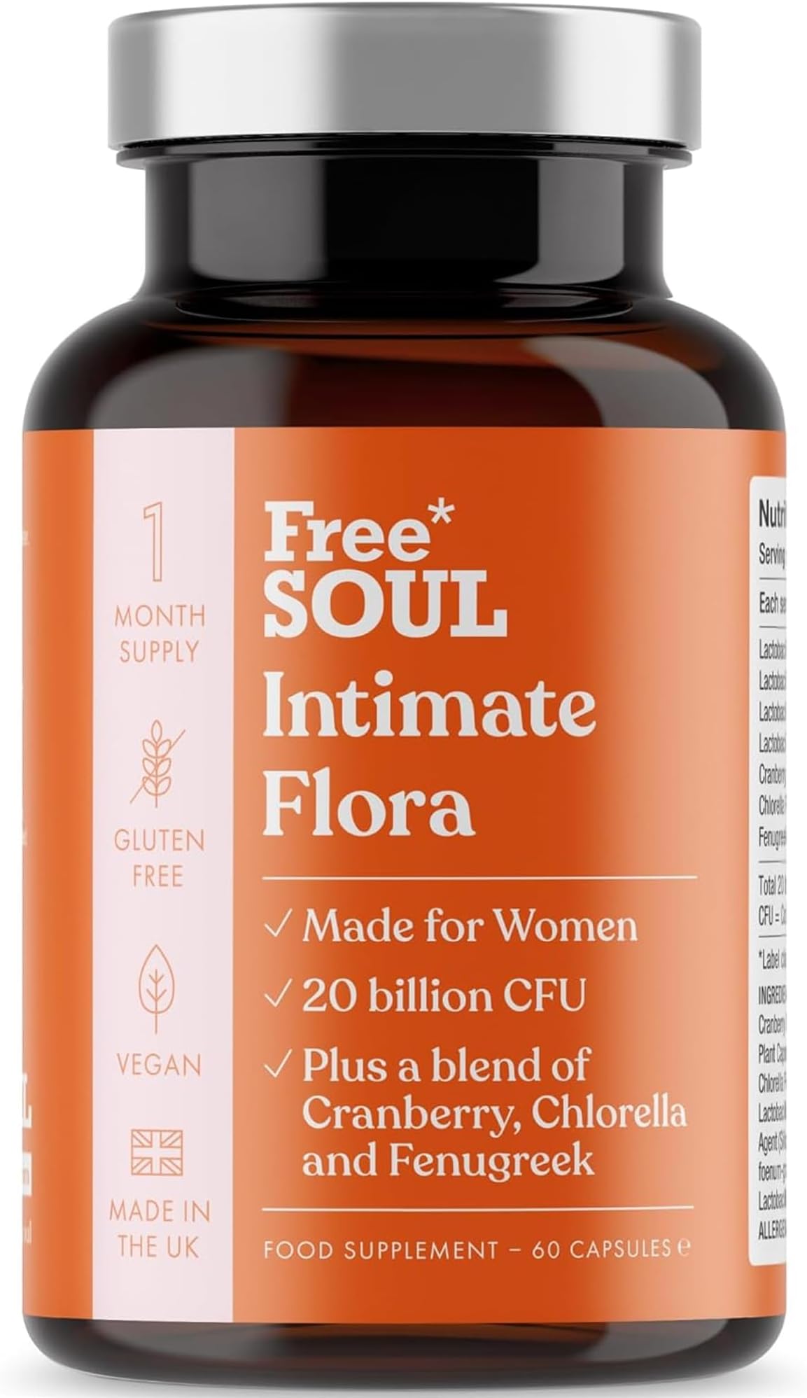 Intimate Flora for Women | 20 Billion CFU Fortified with 15,000mg Cranberry, Fenugreek & Chlorella | Bio Cultures for Women's Intimate Flora | 60 Capsules | Free Soul