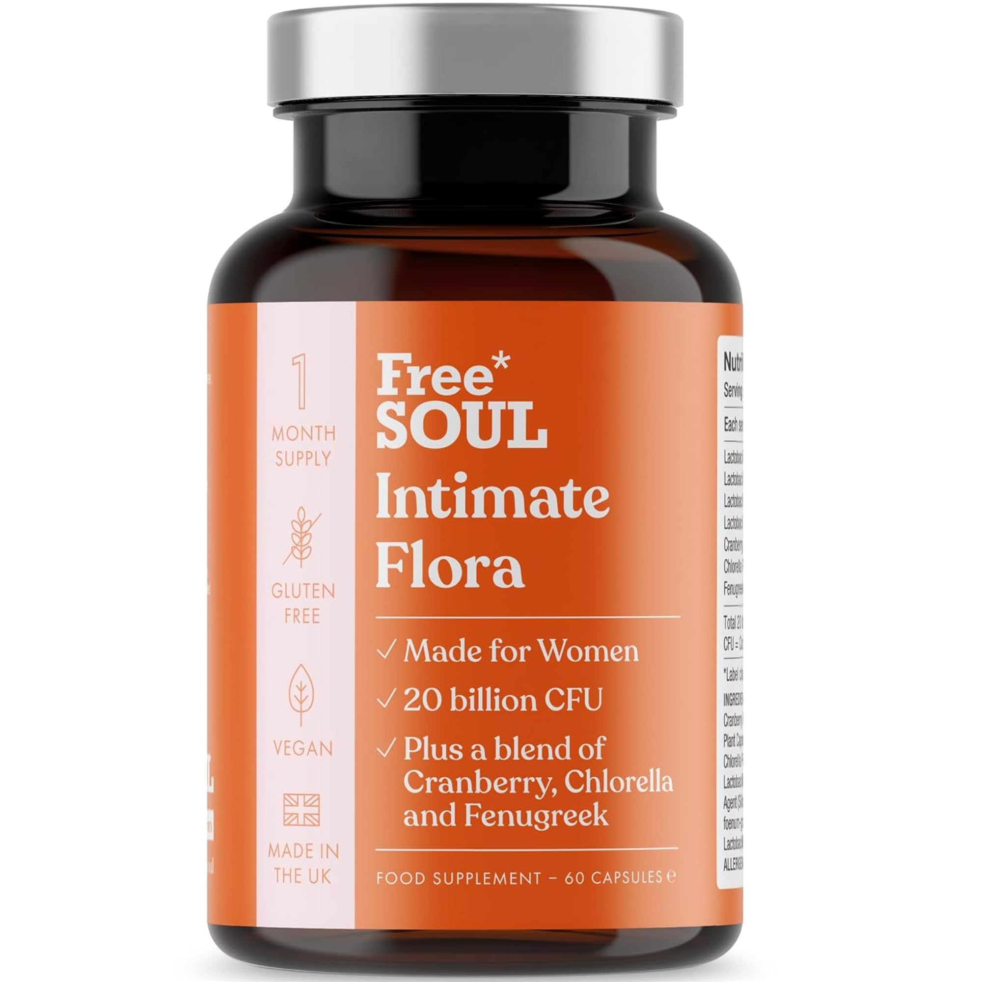 Intimate Flora for Women | 20 Billion CFU Fortified with 15,000mg Cranberry, Fenugreek & Chlorella | Bio Cultures for Women's Intimate Flora | 60 Capsules | Free Soul