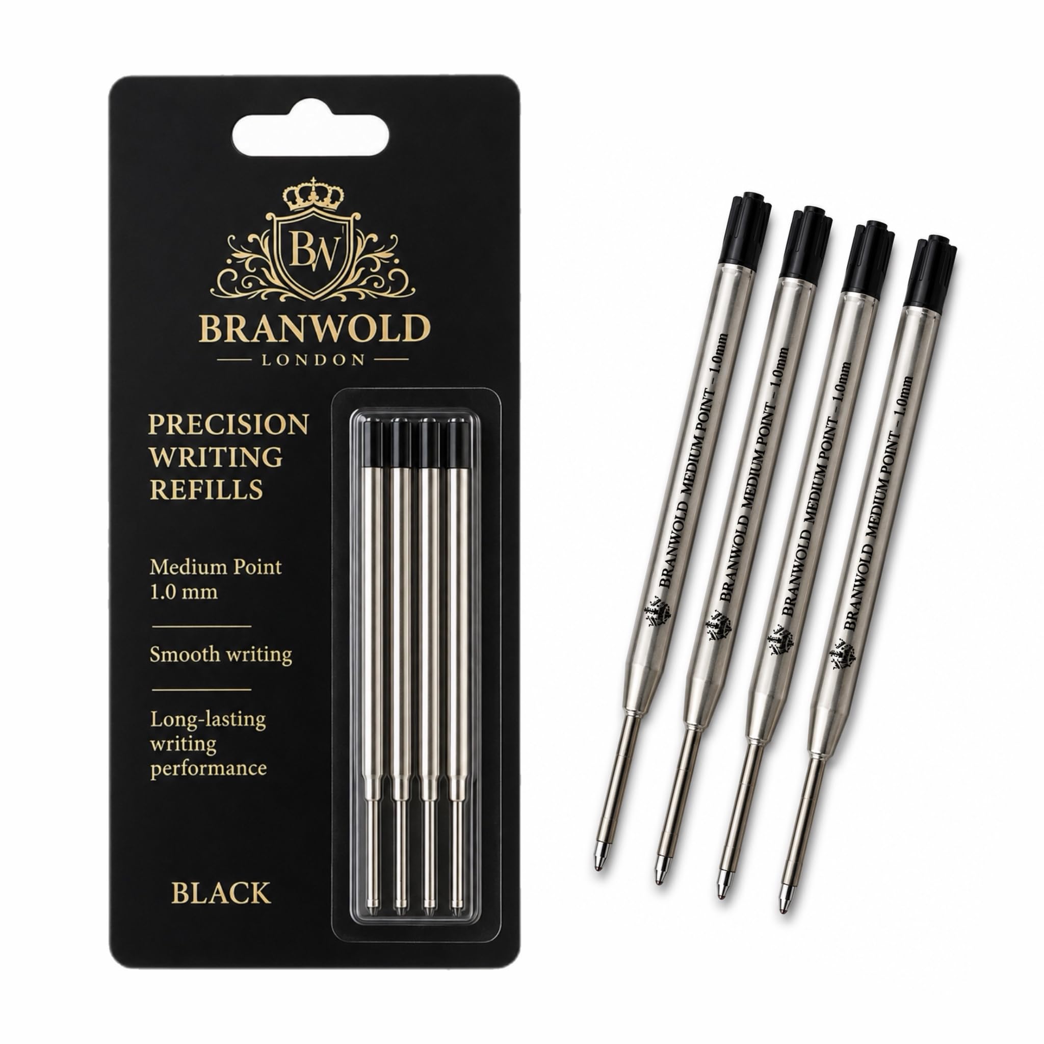 BRANWOLD London Premium Ballpoint Pen Refills, Pack of 4 G2 Compatible 1.0mm Medium Point Ink Cartridges, Smooth Writing Replacement Refills for Twist & Click Pens, Black Ink