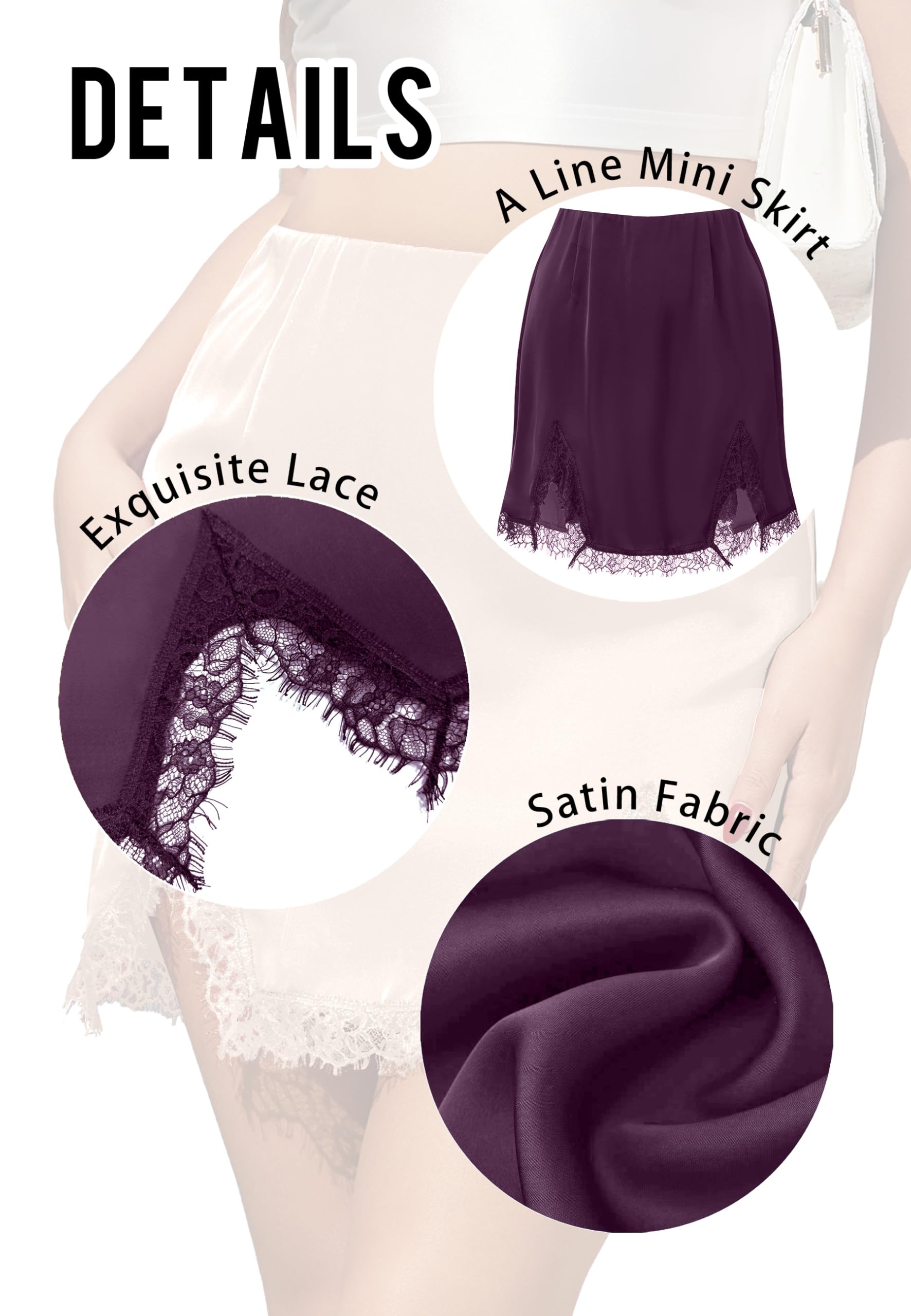 ALCEA ROSEA Women's Satin Mini Lace Trim Split Skirt Split Hem High Waist A-Line Short Bodycon Skirt 7806: Plum Medium