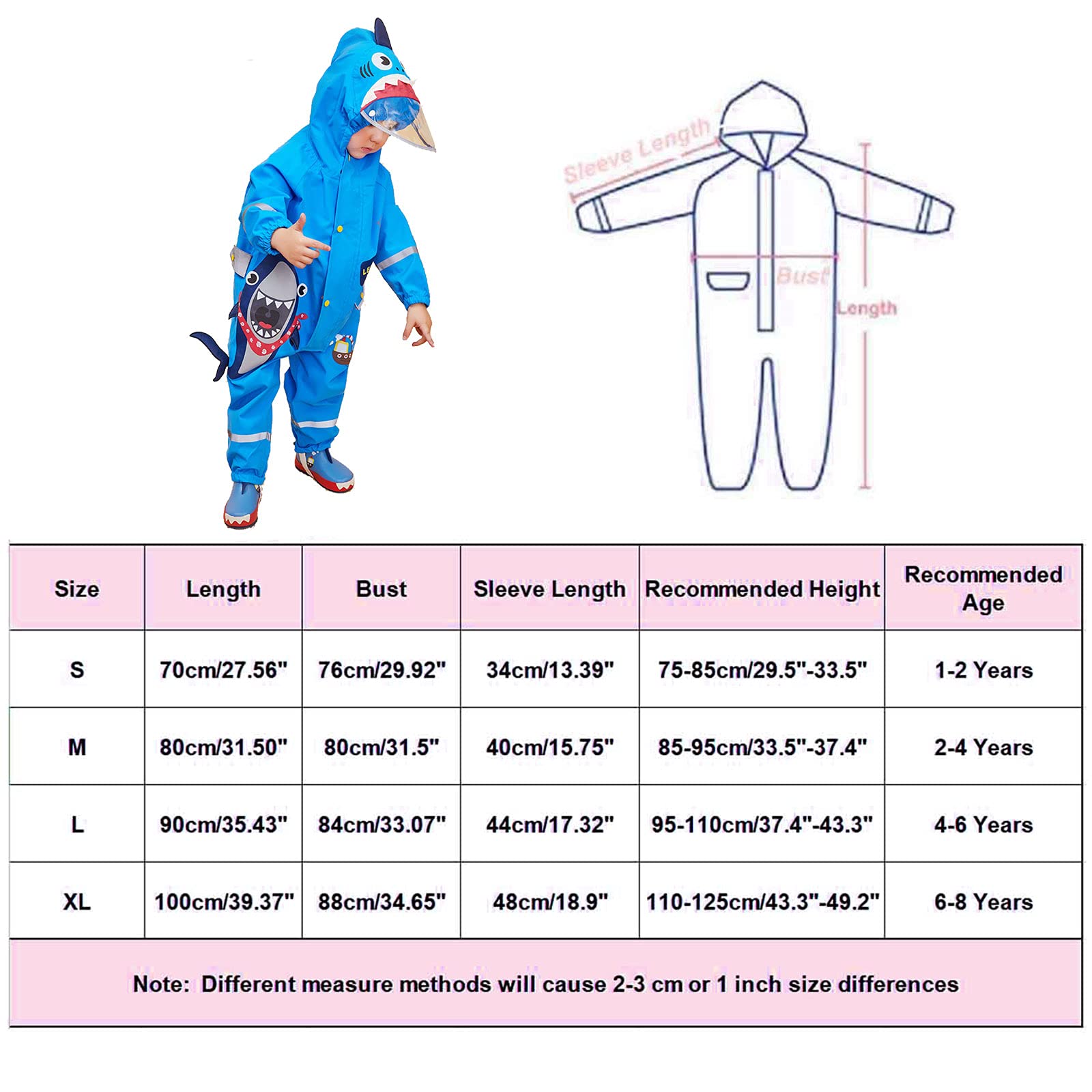 JinBei Garnitury dziecięce dla chłopców i dziewcząt wszystko w jednym, wodoodporne płaszcze przeciwdeszczowe z kapturem unisex, lekkie, urocze wzory 3D, kombinezony przeciwdeszczowe, oddychające