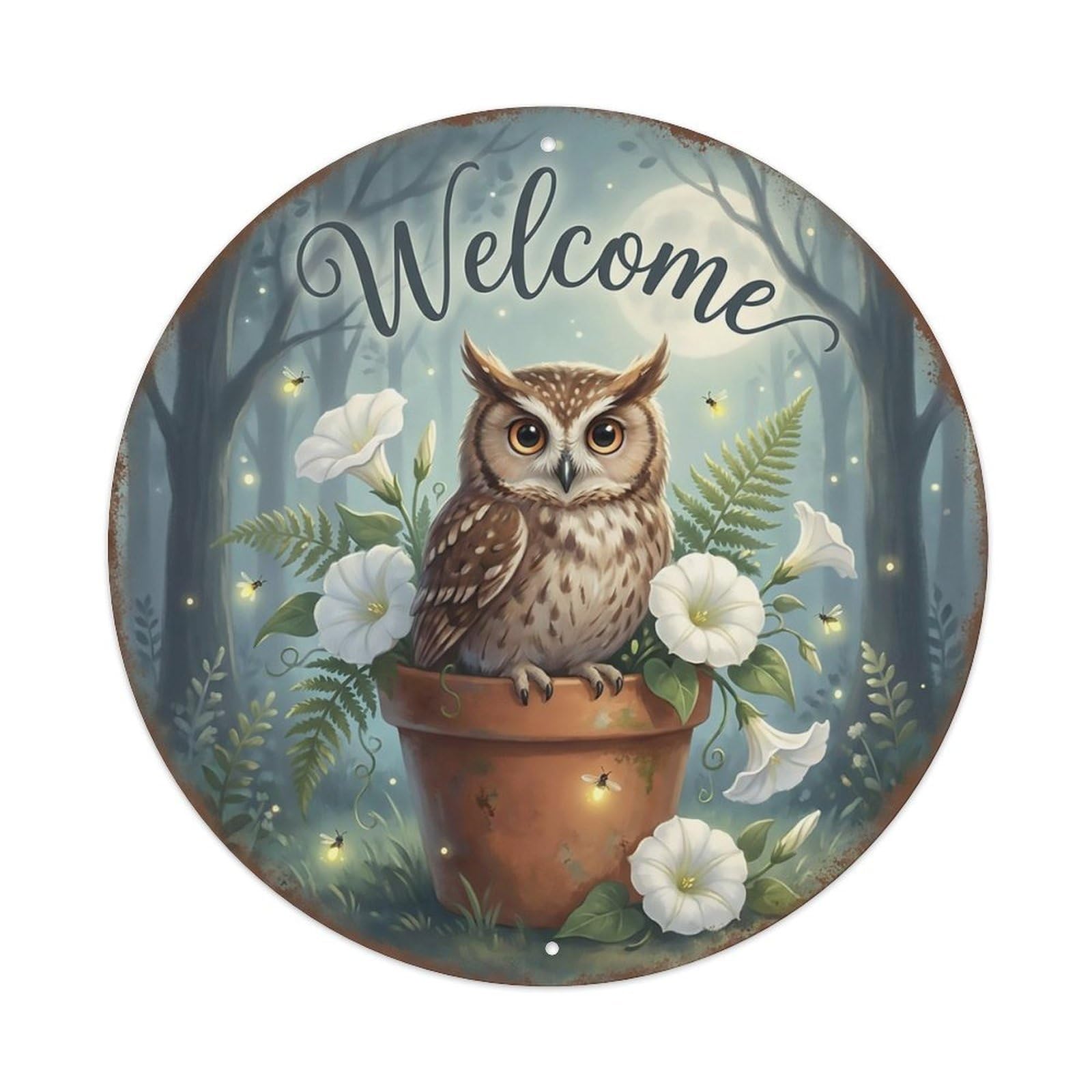 Welcome Owl Moonlit Forest Metal Tin Sign