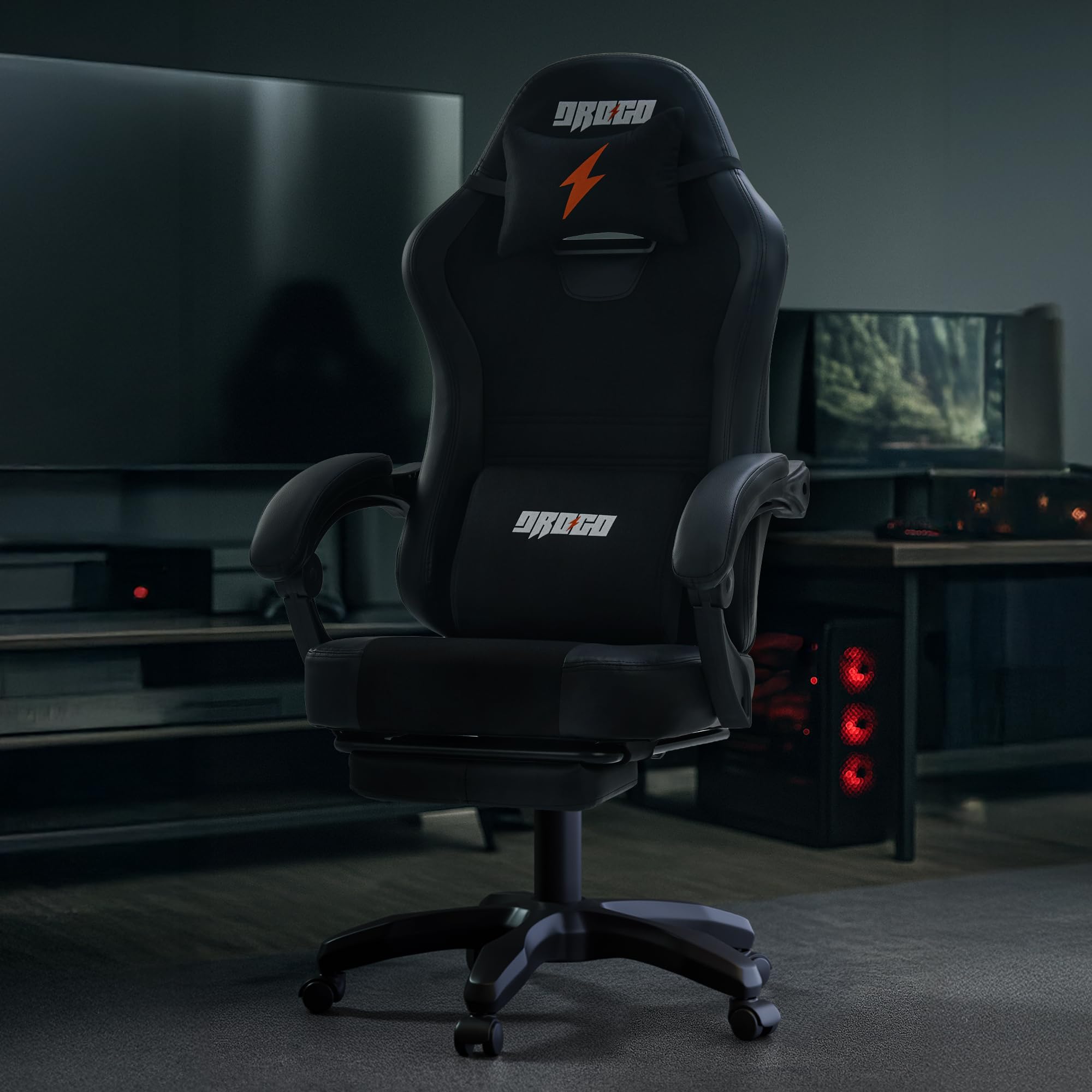 DROGO Aura Ergonomic Gaming Chair with Premium PU Leather Fabric, Linkage Armrest, Adjustable Neck & Lumbar Pillow | Computer Chair for Study | Office Chairs for Work from Home with Recline (Black)