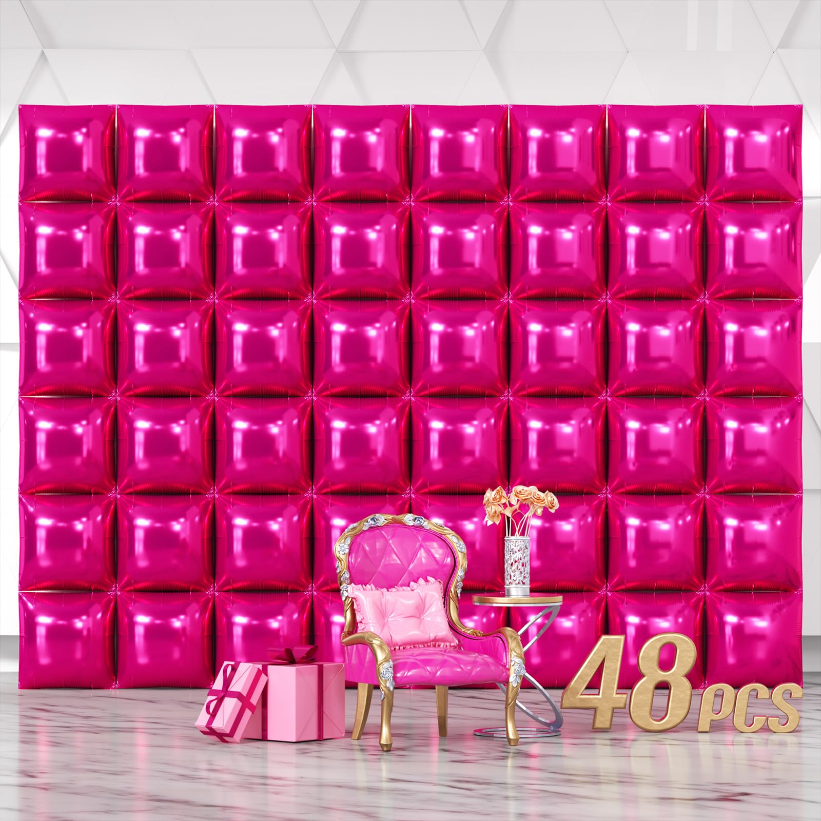 NISOCY 48 globos cuadrados de papel de aluminio rosa intenso, telón de fondo de pared de doble cara, kit de arco de túnel de globo rojo rosa para cumpleaños, San Valentín, boda, aniversario, despedida