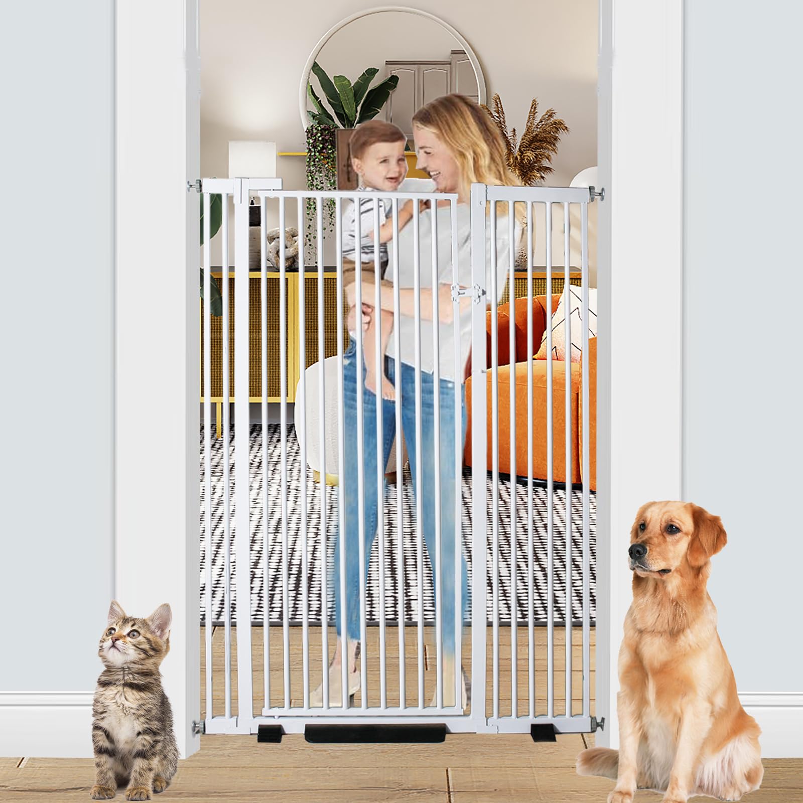 55.1 Inch Extra Tall Cat Pet Gate Baby Gate Adjustable 29.13"- 45.63" Wide Pressure Mounted Walk Through Swing Safety Pet Gates Child Gate for Stairs, Doorway, House (White, 29.13"- 45.63")