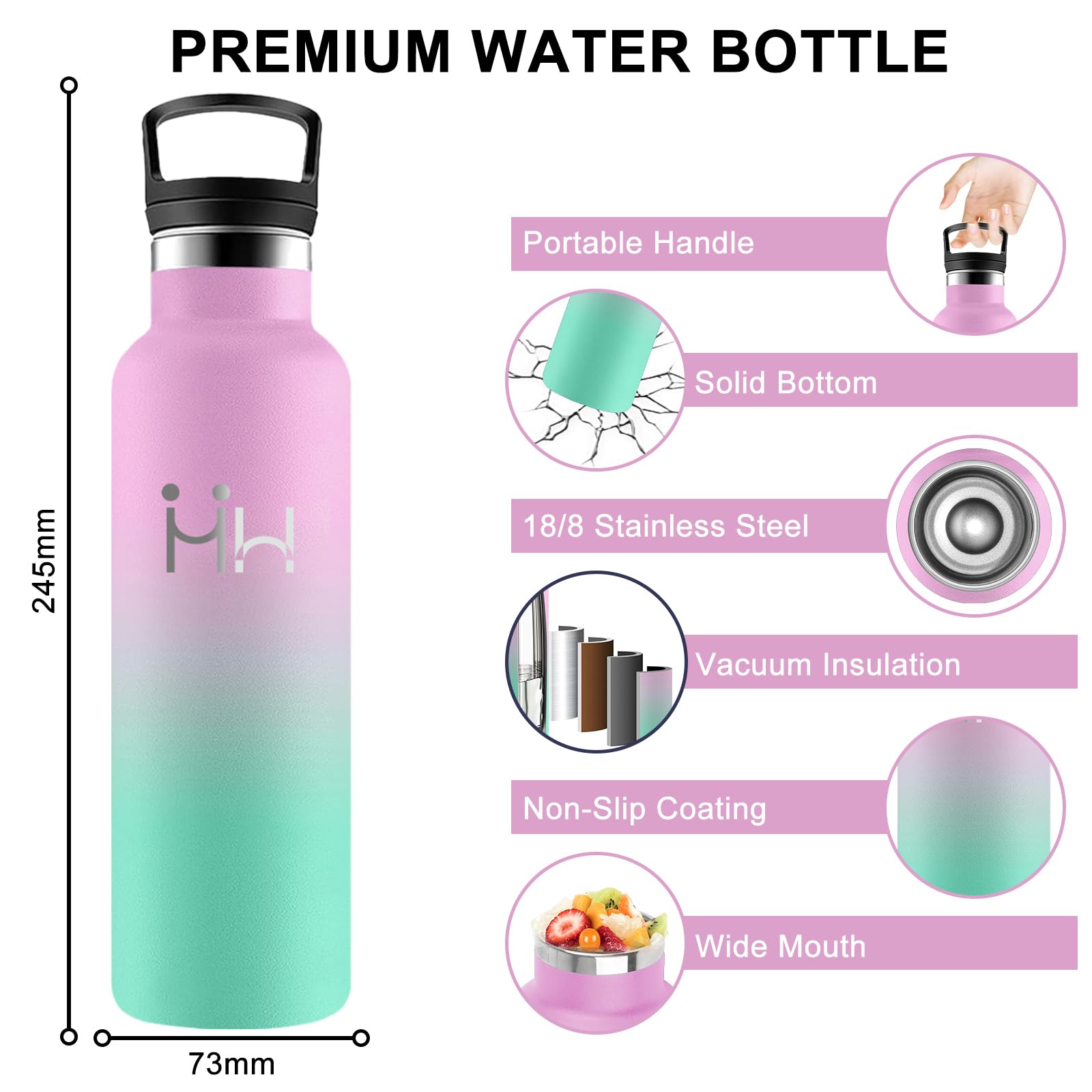 Borraccia Termica- 0,5 litri- Borracce, Senza BPA, Borraccia con Cannuccia, Senza Perdite, Borraccie Acciaio Inox, Borraccie Metallo, Doble Aislamiento, Borracce Termiche per Scuole, Uffici, Viaggio