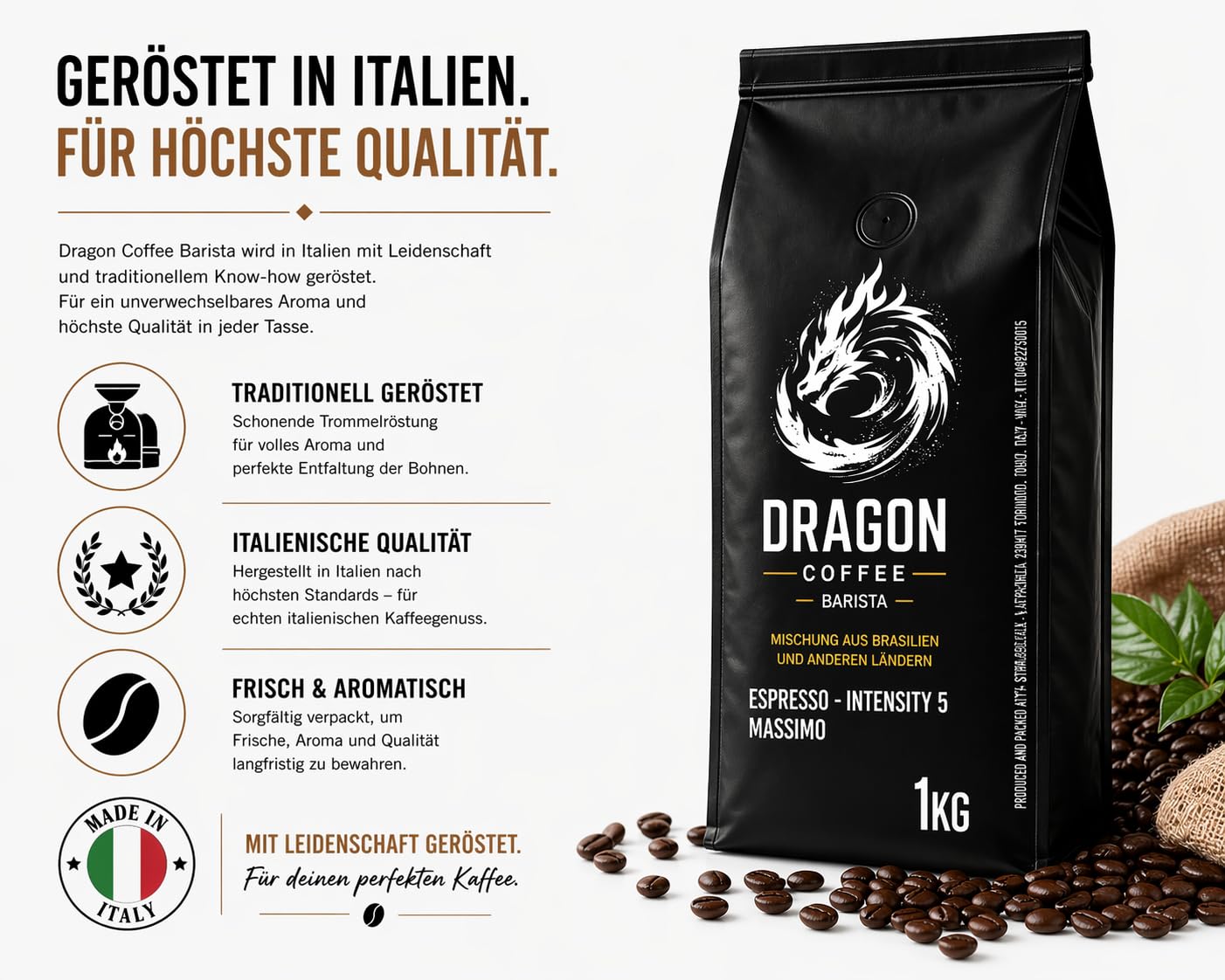Dragon Coffee Massimo Espresso – Espresso Bohnen 2x1 kg | 70% Robusta / 30% Arabica | Ganze Bohnen | Mittlere italienische Röstung | Kräftiger Espresso mit dichter Crema
