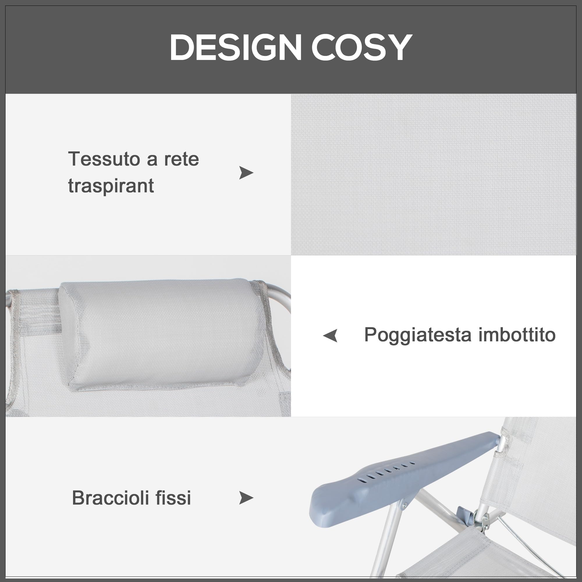 Outsunny Set 2 Sedie da Campeggio Pieghevoli con Poggiatesta Imbottito, Sedia da Pesca con Schienale Regolabile su 6 Livelli in Alluminio e Schiuma, 62x65x80 cm, Grigio Chiaro